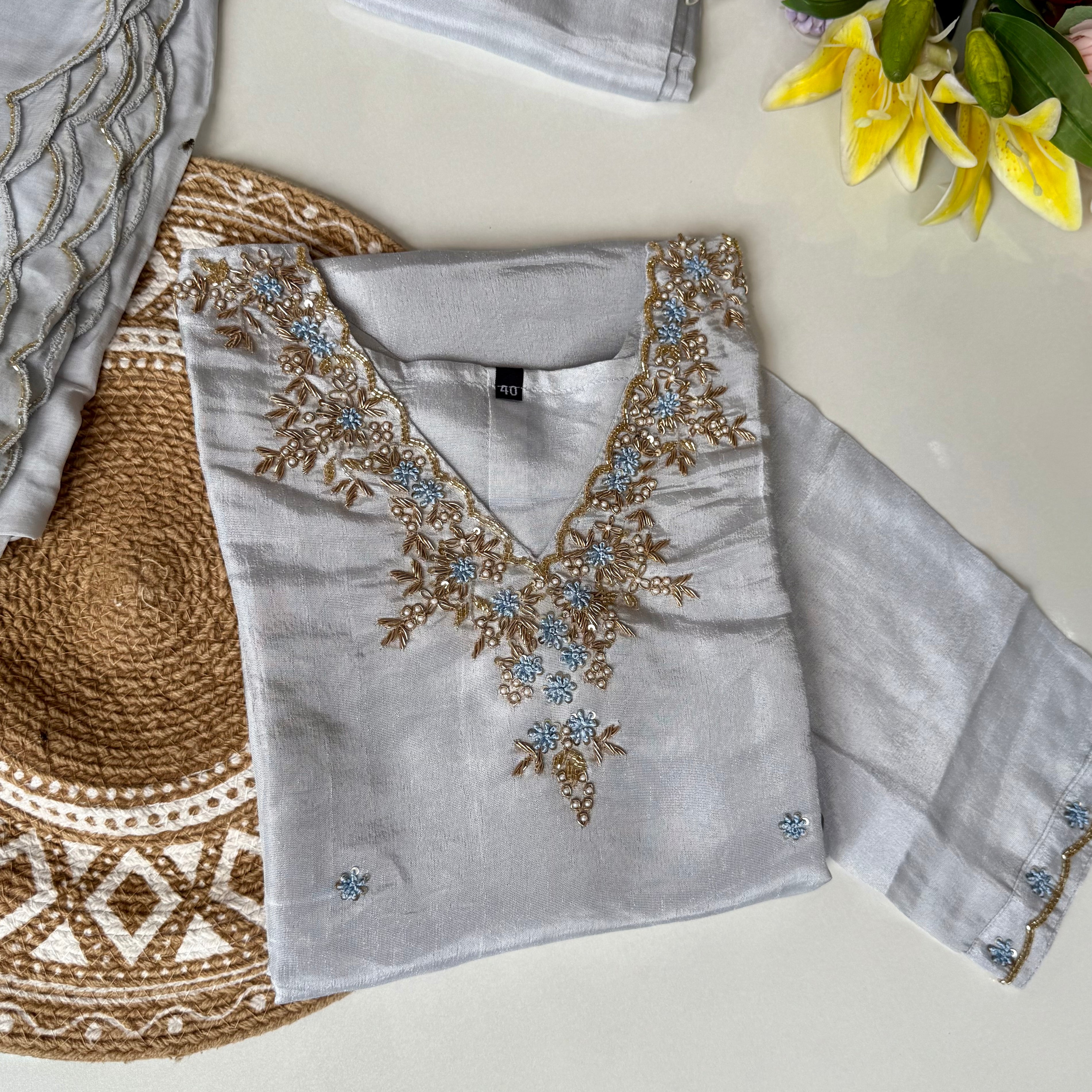 “Aylize” Graceful Pastel shade Tisse Silk Handwork Suit Set