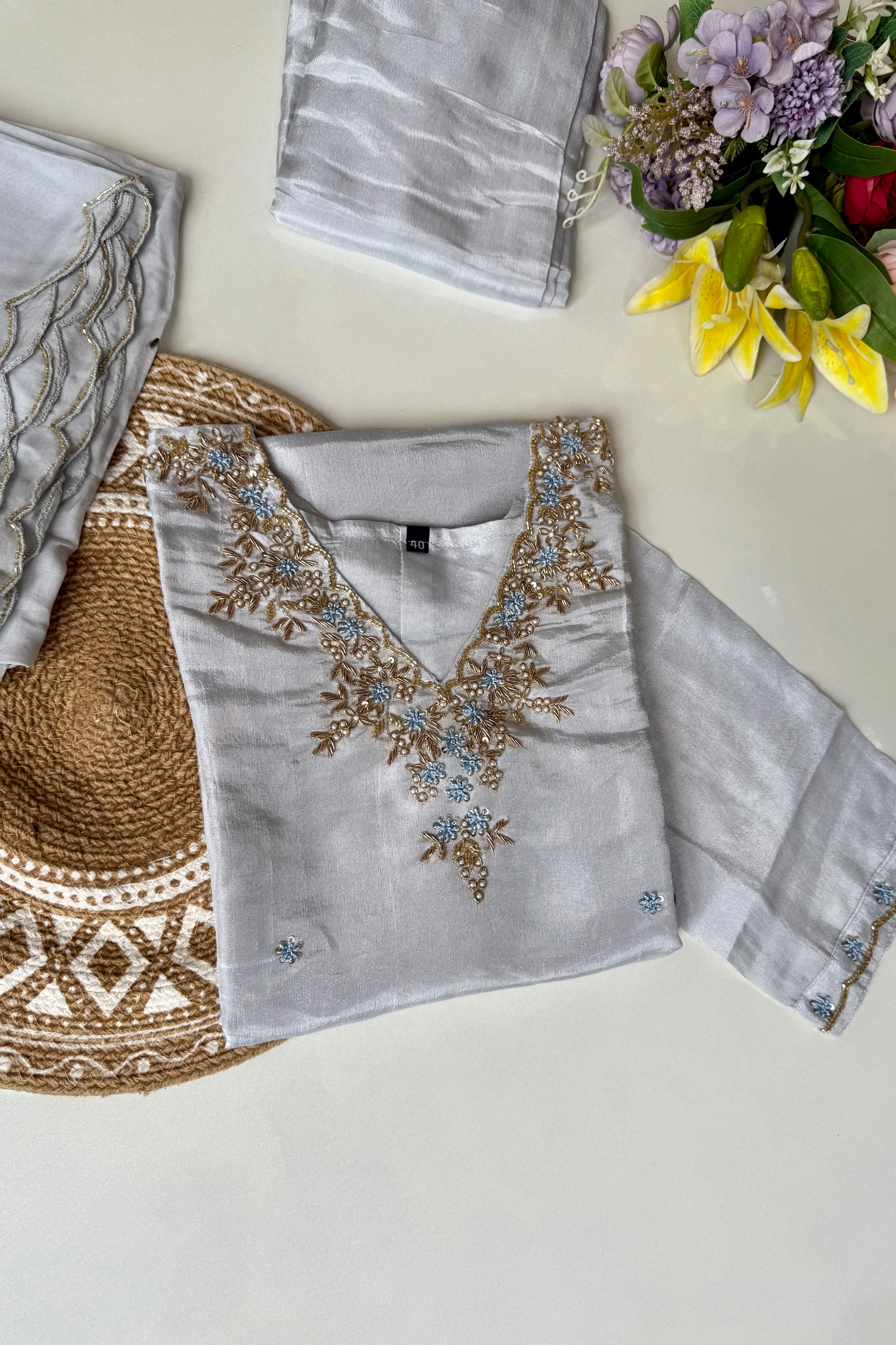 “Aylize” Graceful Pastel shade Tisse Silk Handwork Suit Set