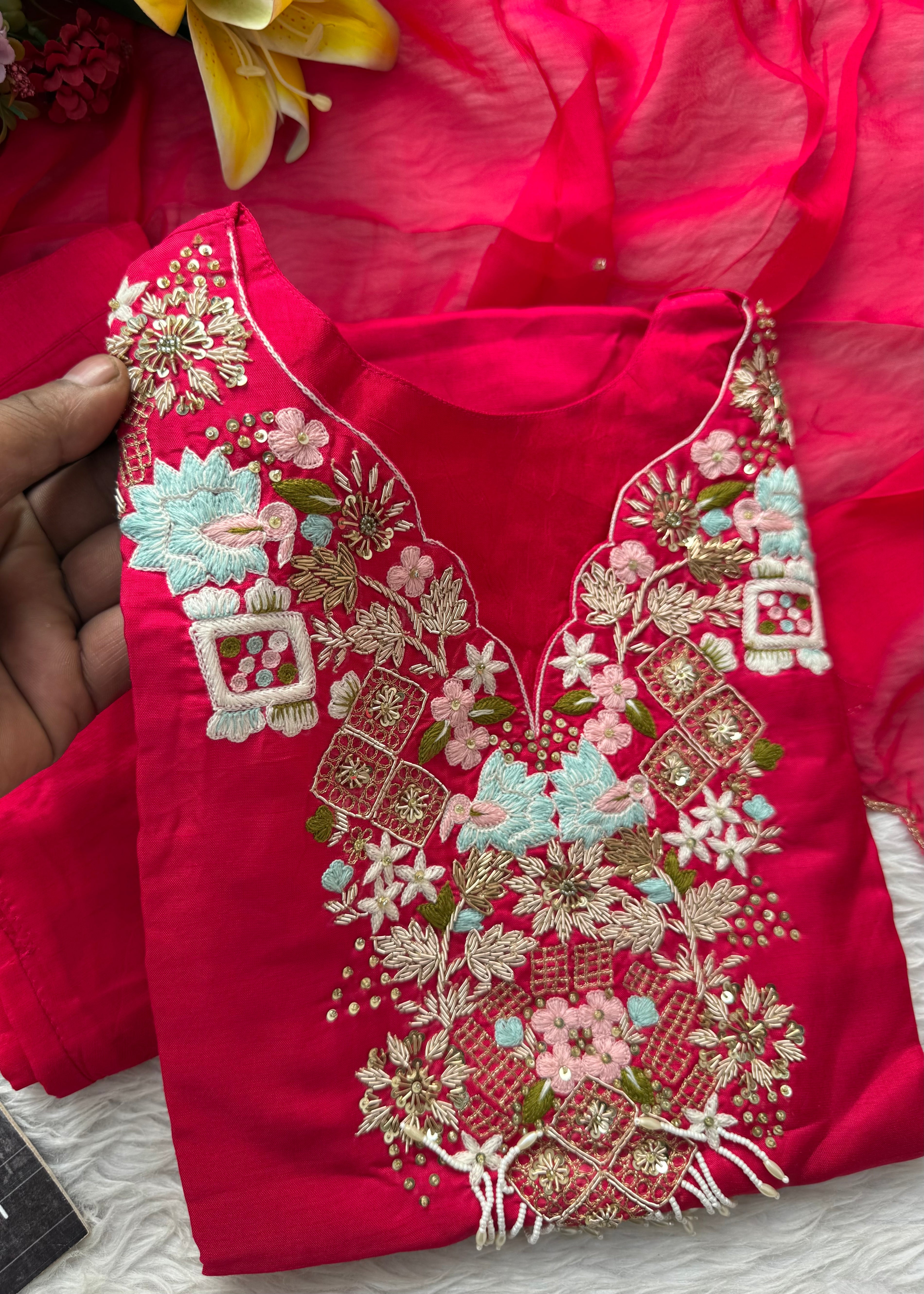 “Aahana ” Premium heavy handwork dola silk kurti set