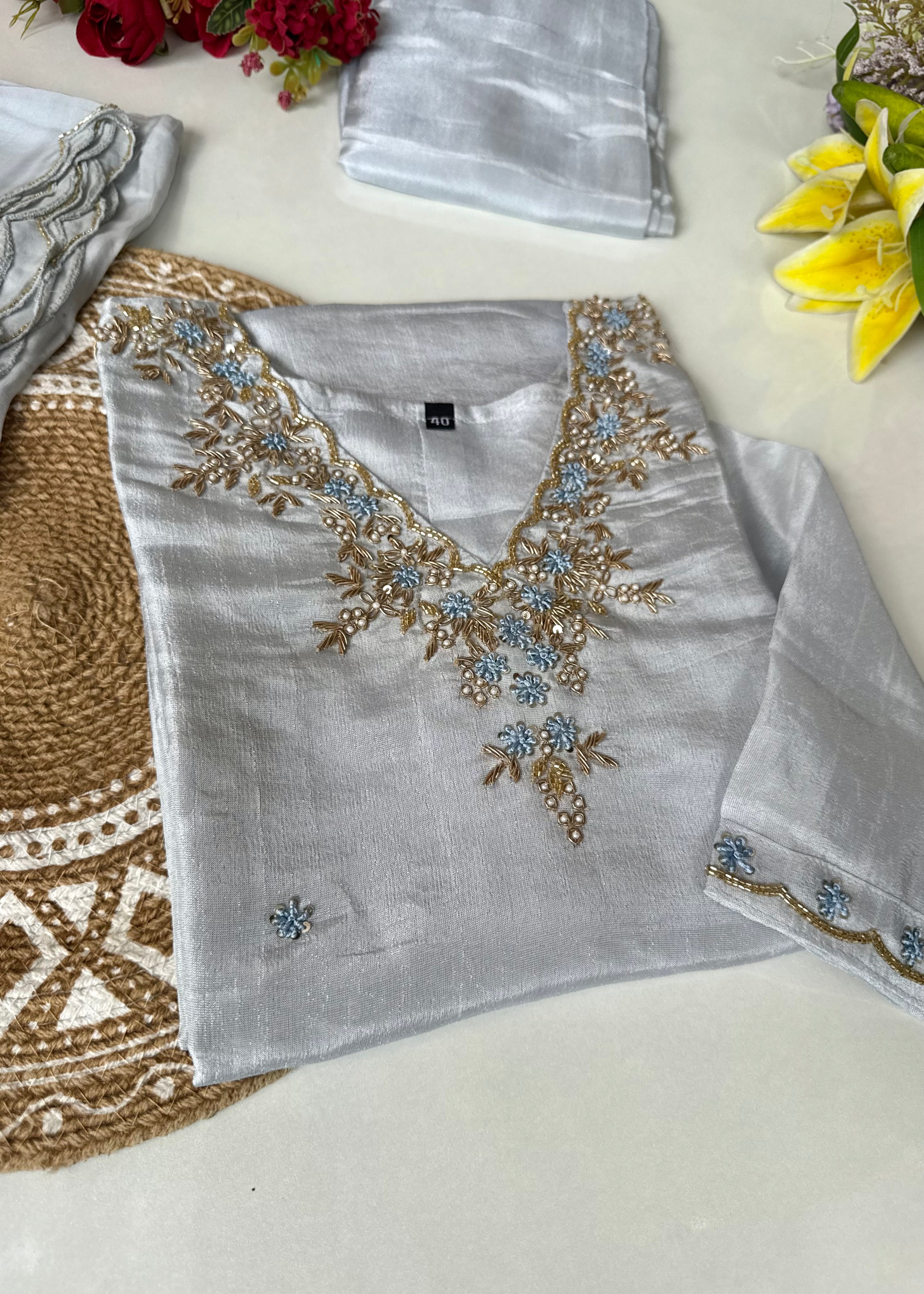 “Aylize” Graceful Pastel shade Tisse Silk Handwork Suit Set