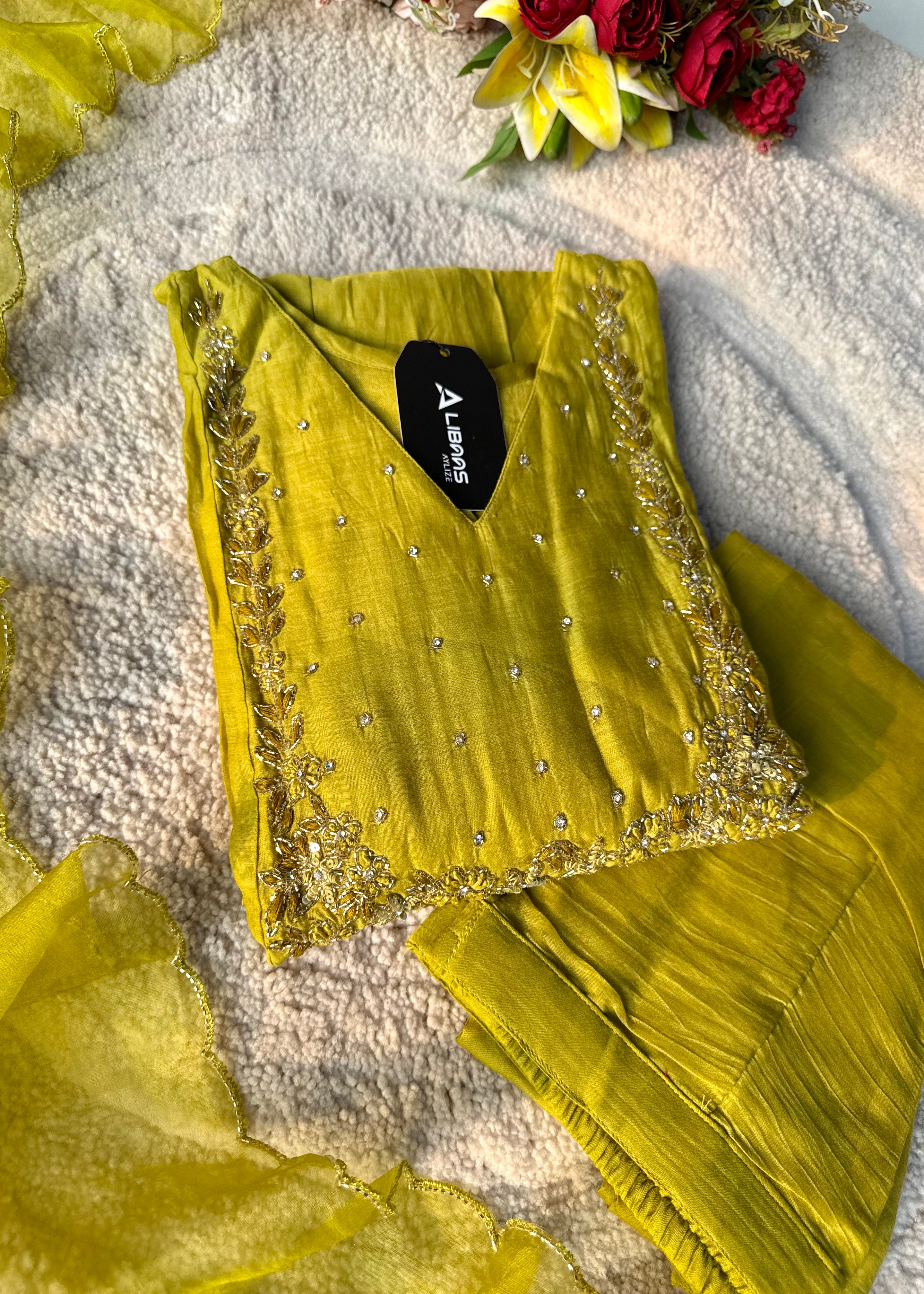 “Ayza” Premium Green Mul Chanderi A Line Suit set 🛍️