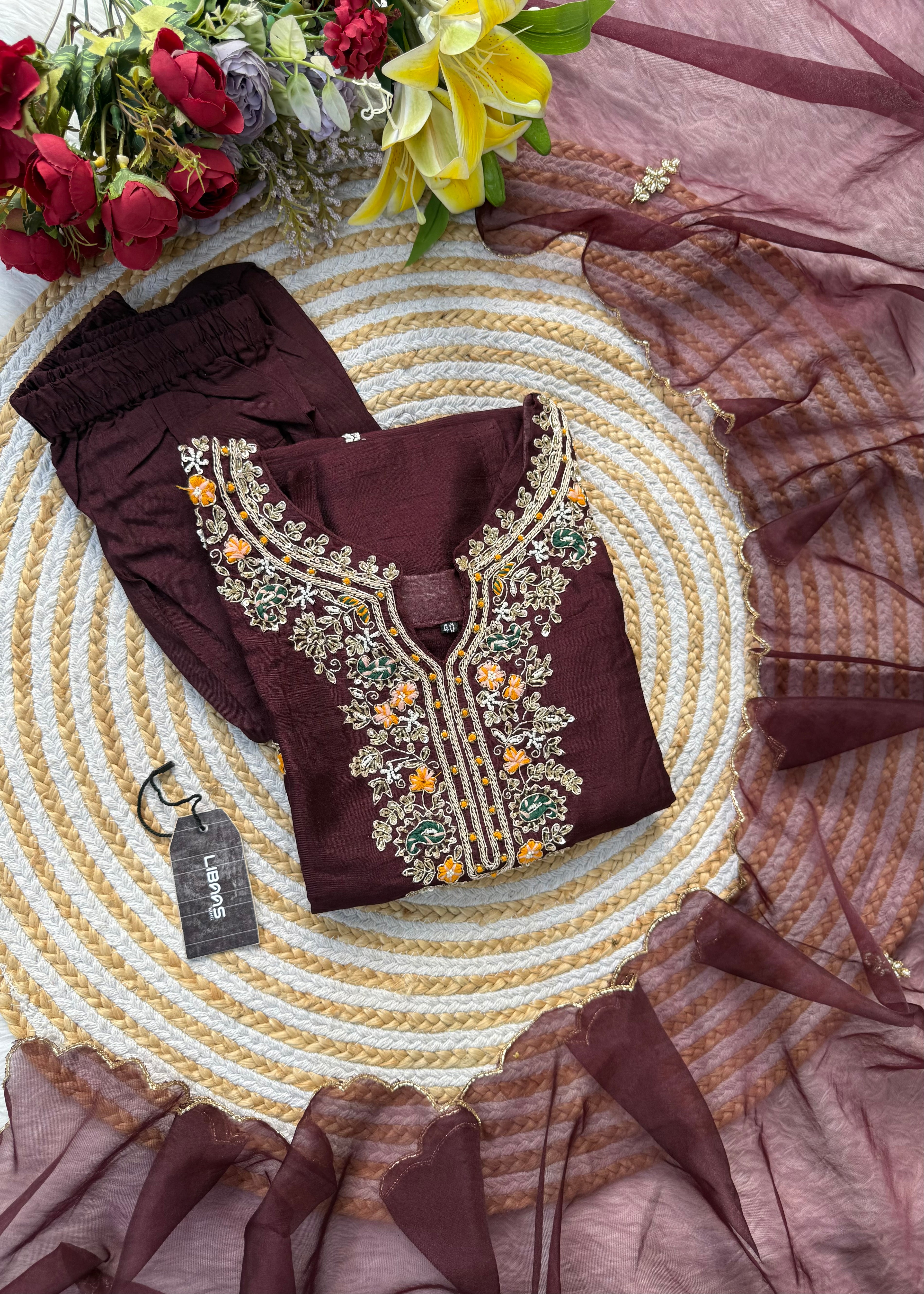 “ISHIKA” Brwon handcrafted dola silk kurti set