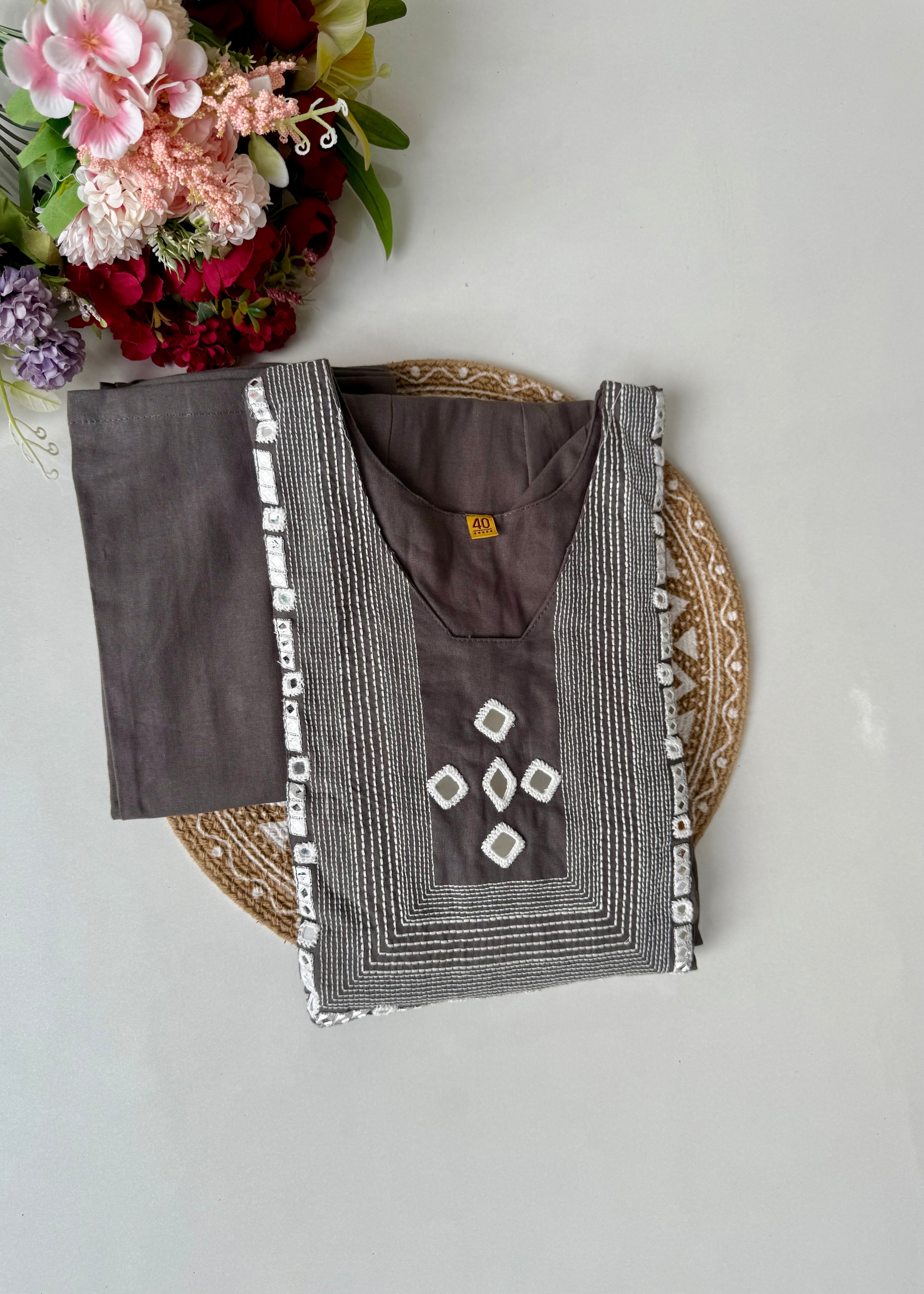 “IRYA" Grey Mirror work cotton Anarkali kurta set