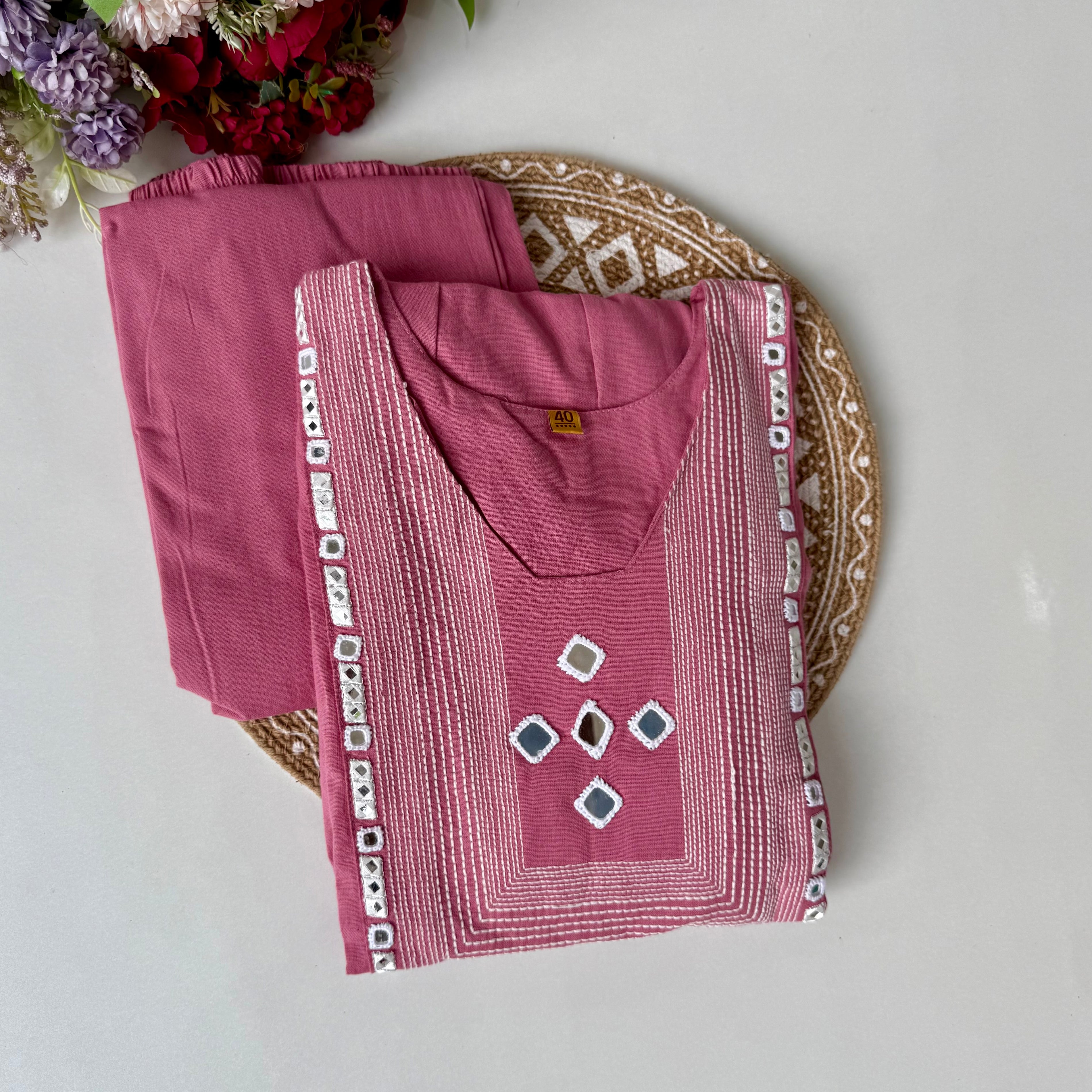 “IRYA" Rose Pink Mirror work cotton Anarkali kurta set