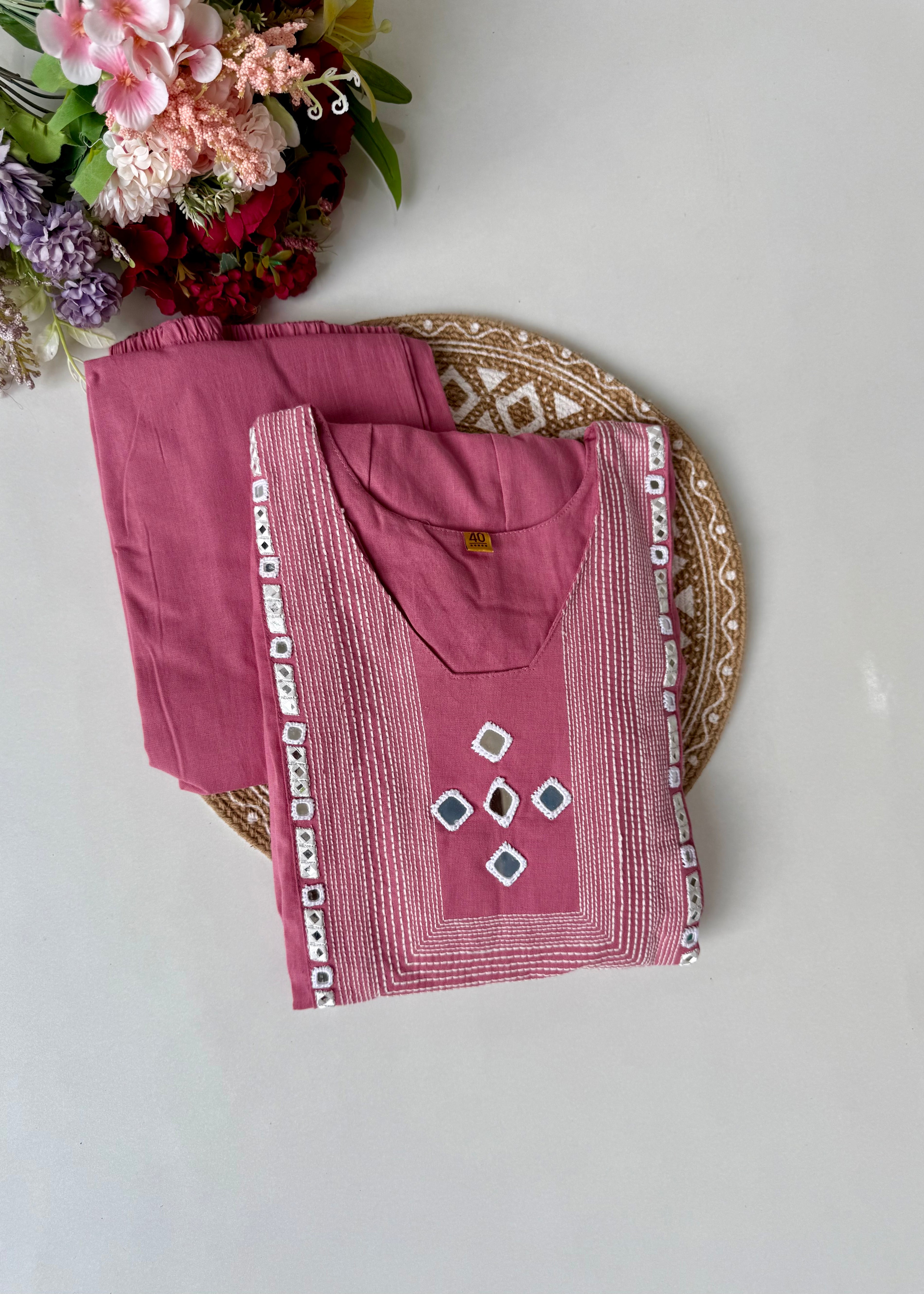 “IRYA" Rose Pink Mirror work cotton Anarkali kurta set