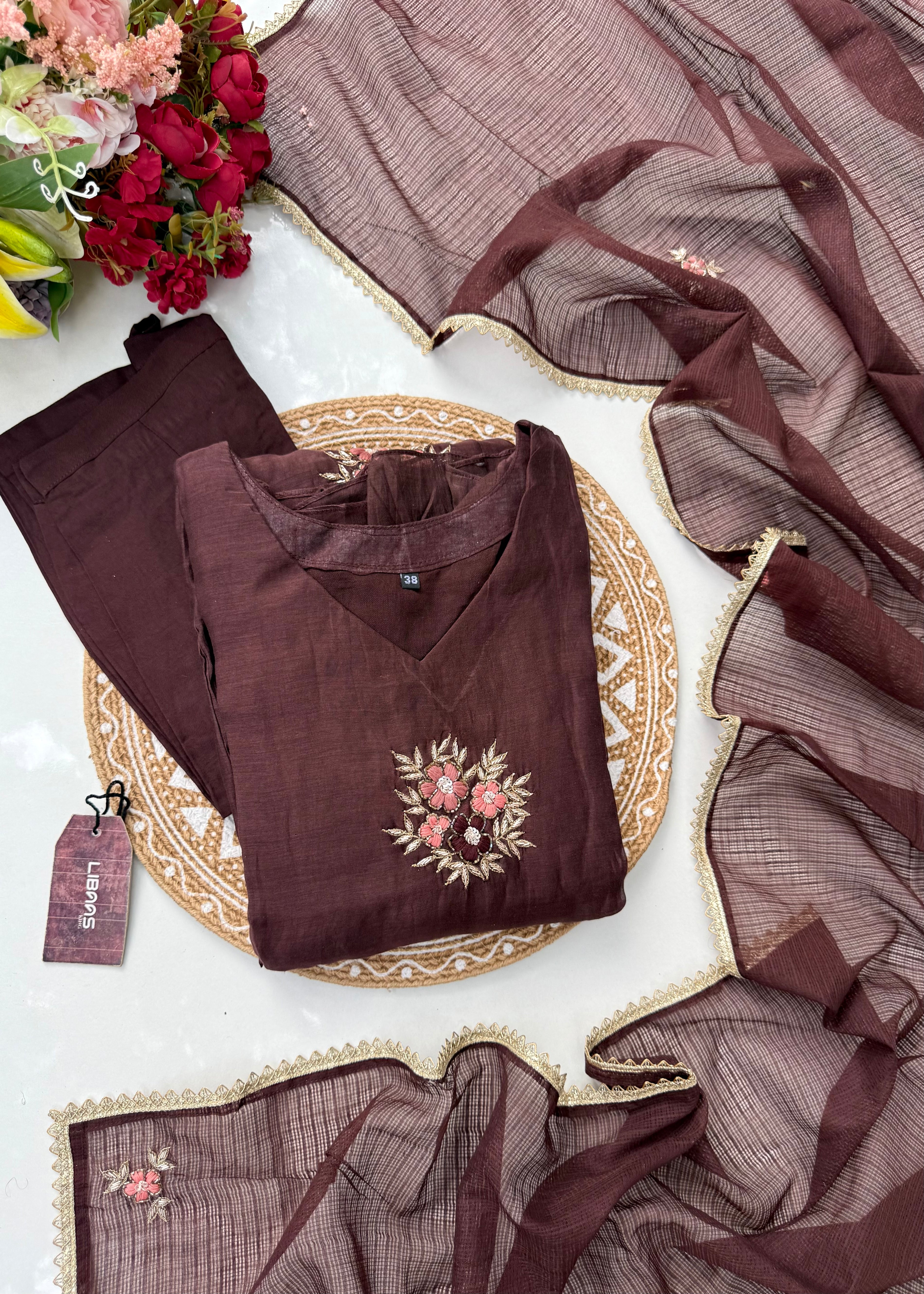 “YAHVI” Premium Rich Brown Mul Chanderi anarkali kurta set