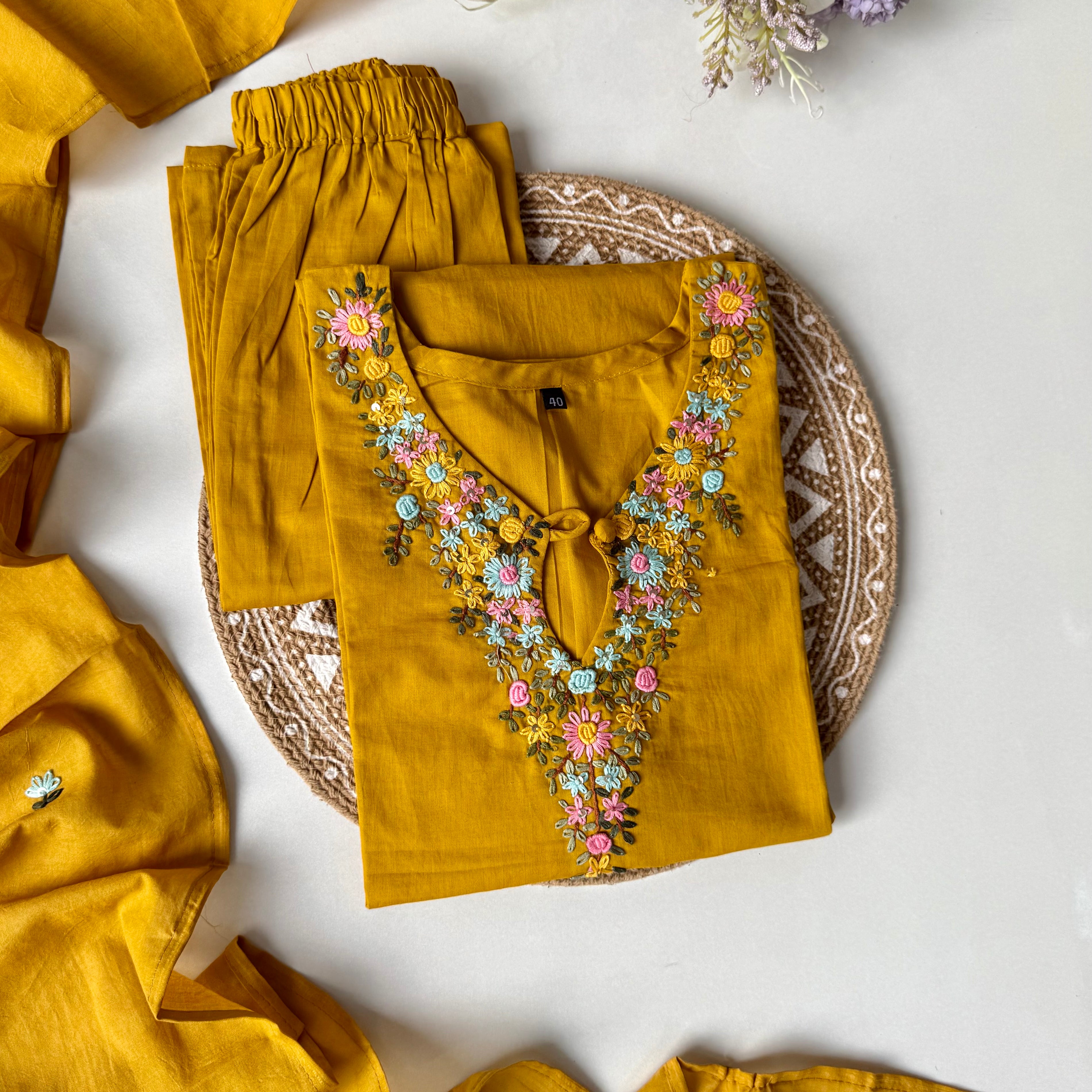“Avnika” Premium cotton thread work kurta set
