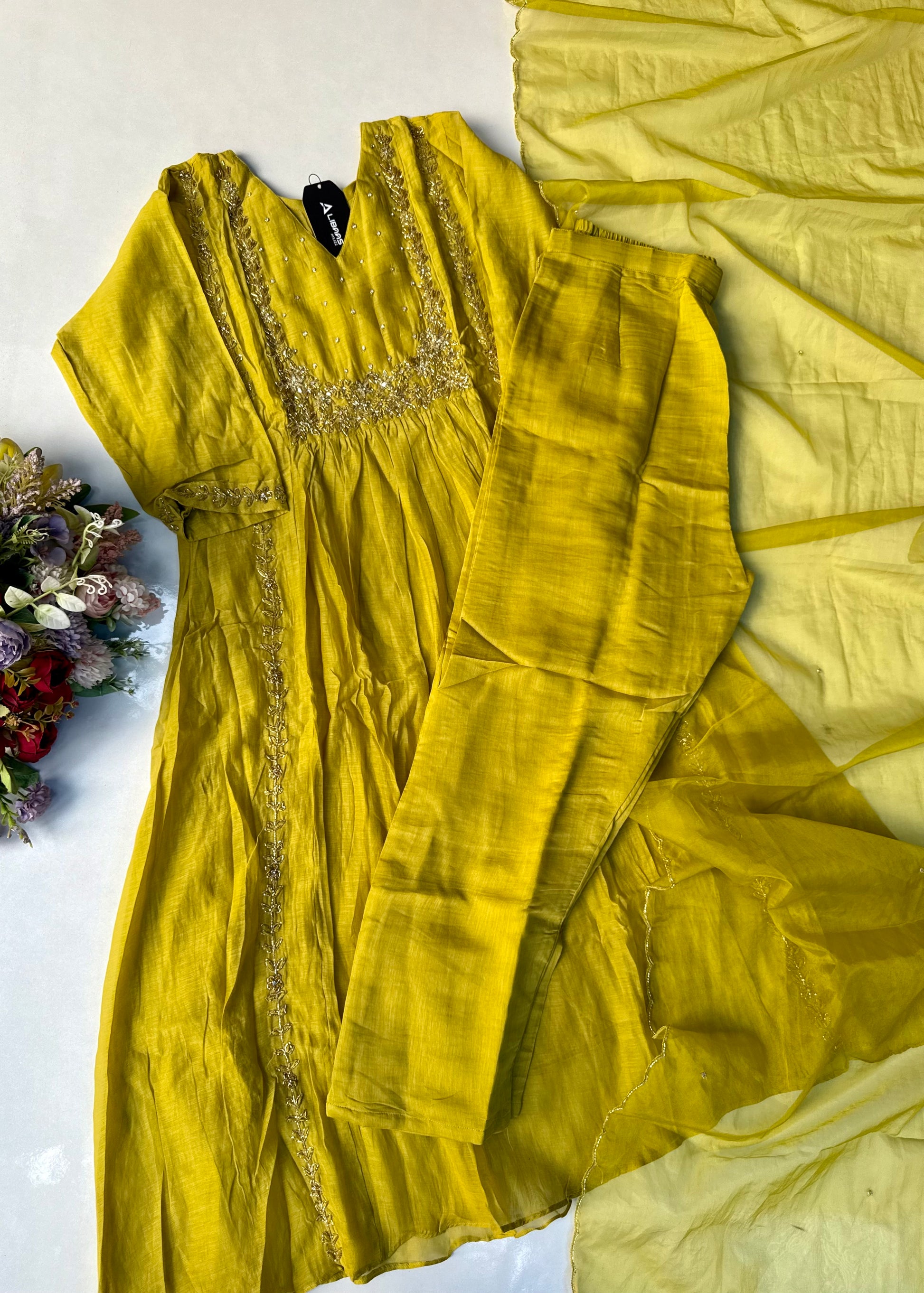 “Ayza” Premium Green Mul Chanderi A Line Suit set 🛍️