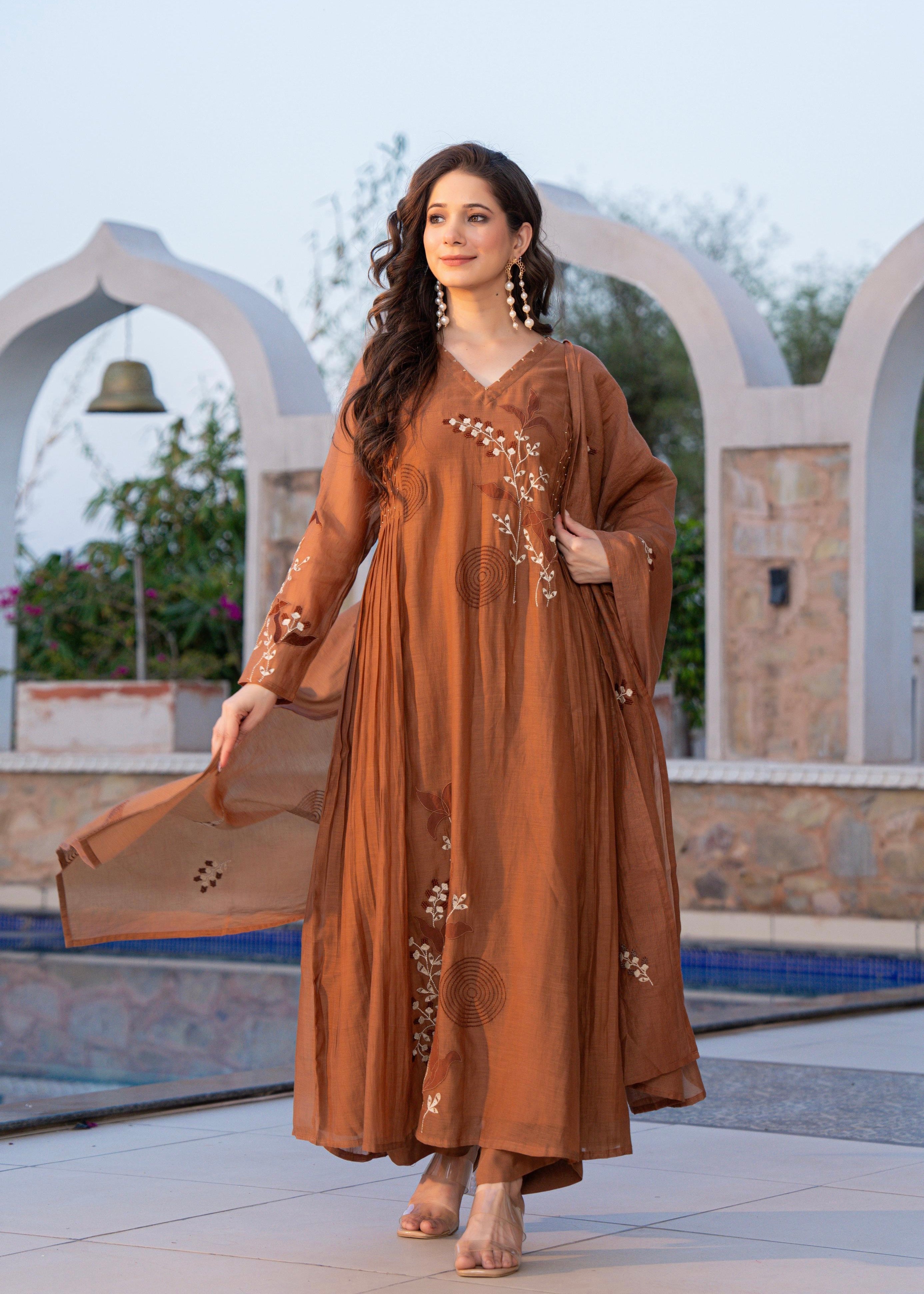 “SIZUMI” Rust Orange Mul Chanderi party wear anarkali suit set