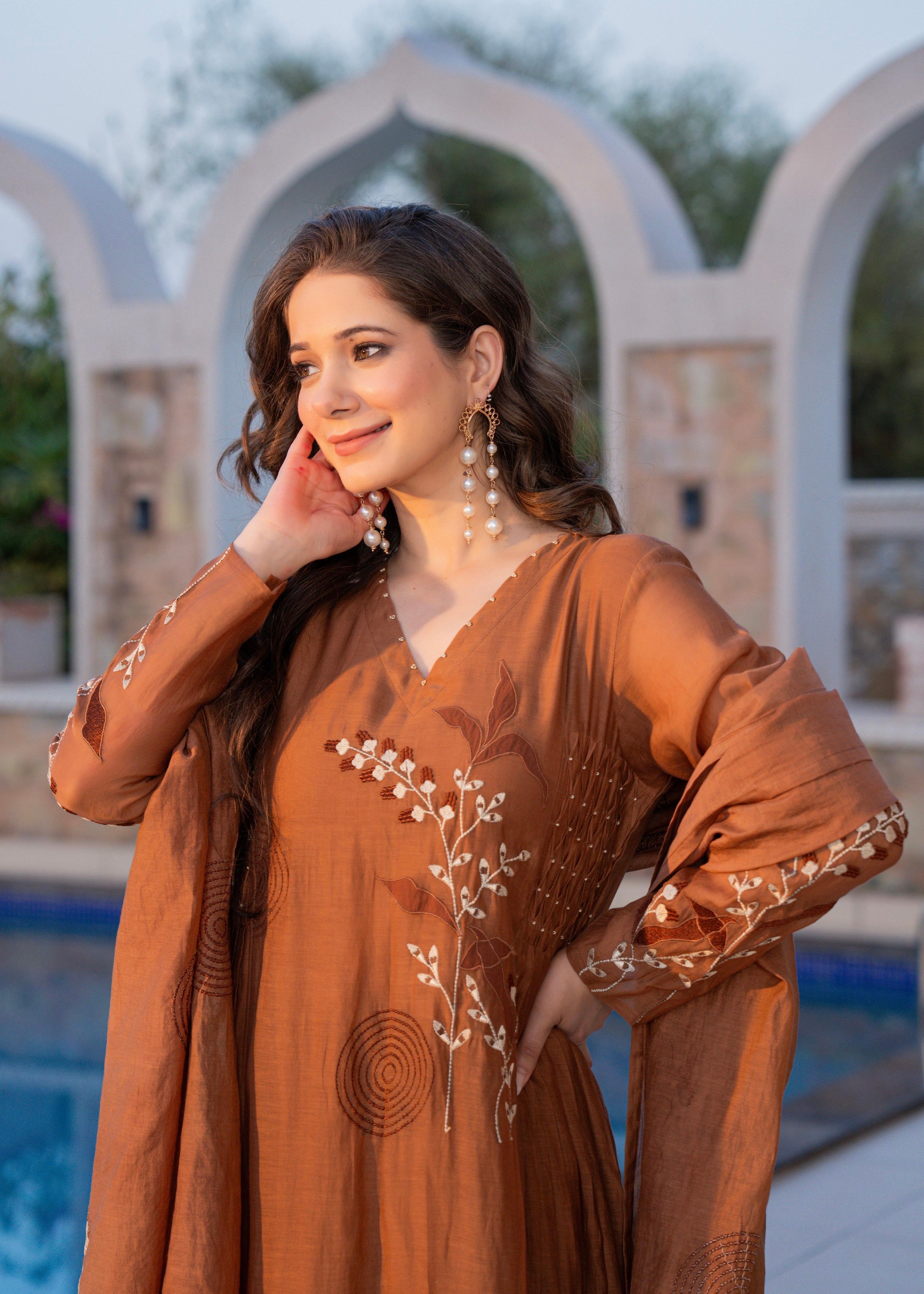 “SIZUMI” Rust Orange Mul Chanderi party wear anarkali suit set