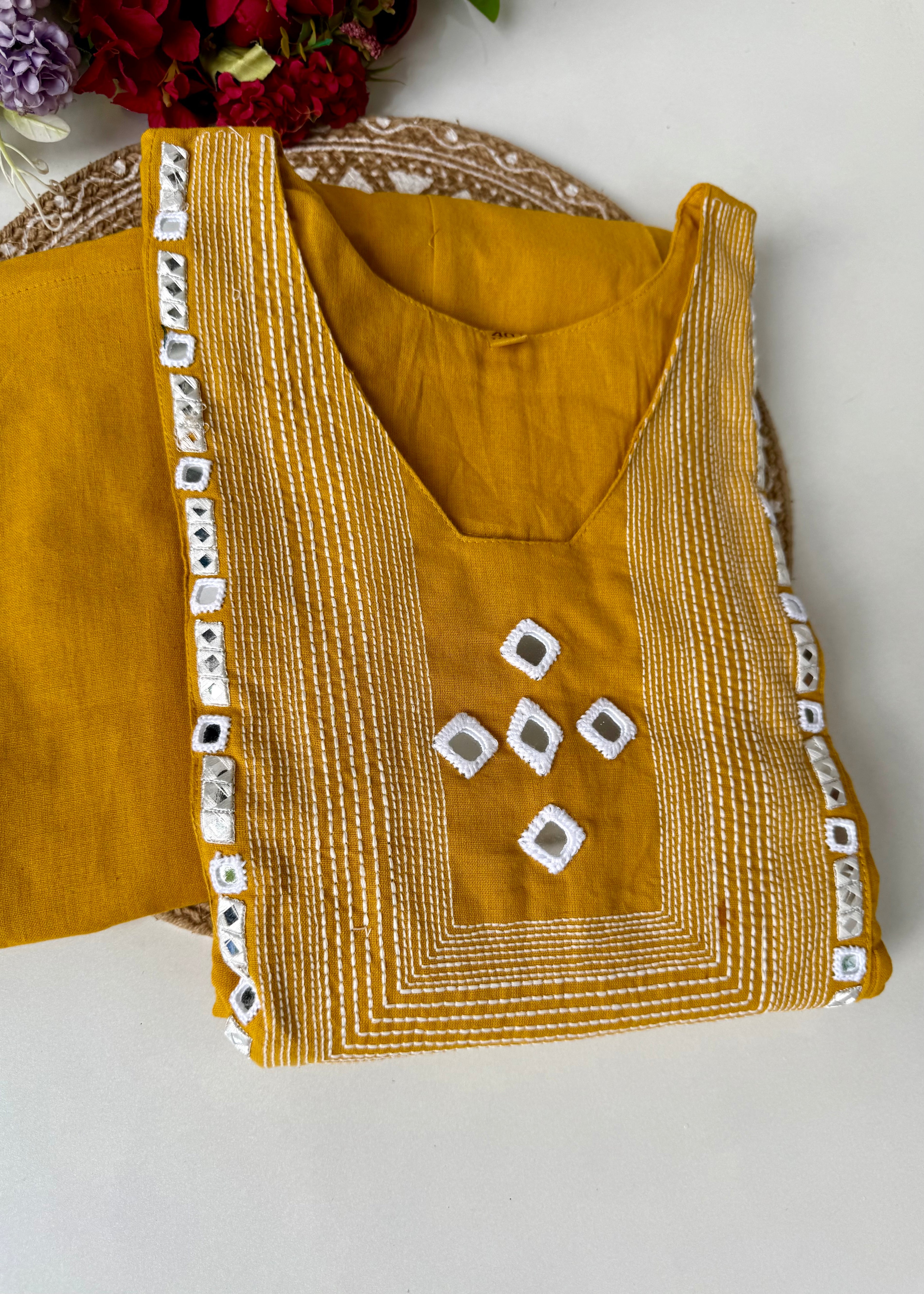 “IRYA" Yellow Mirror work cotton Anarkali kurta set