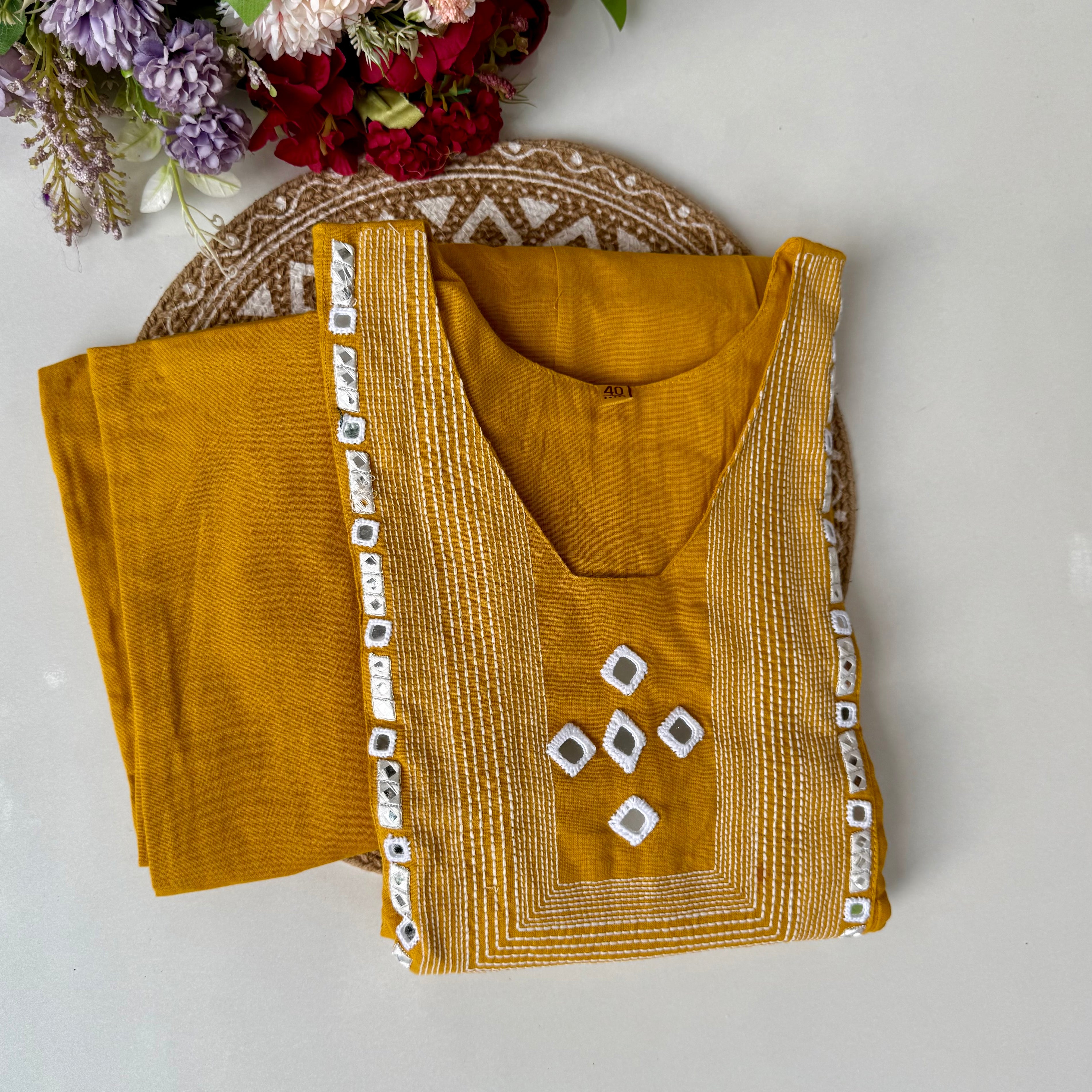 “IRYA" Yellow Mirror work cotton Anarkali kurta set