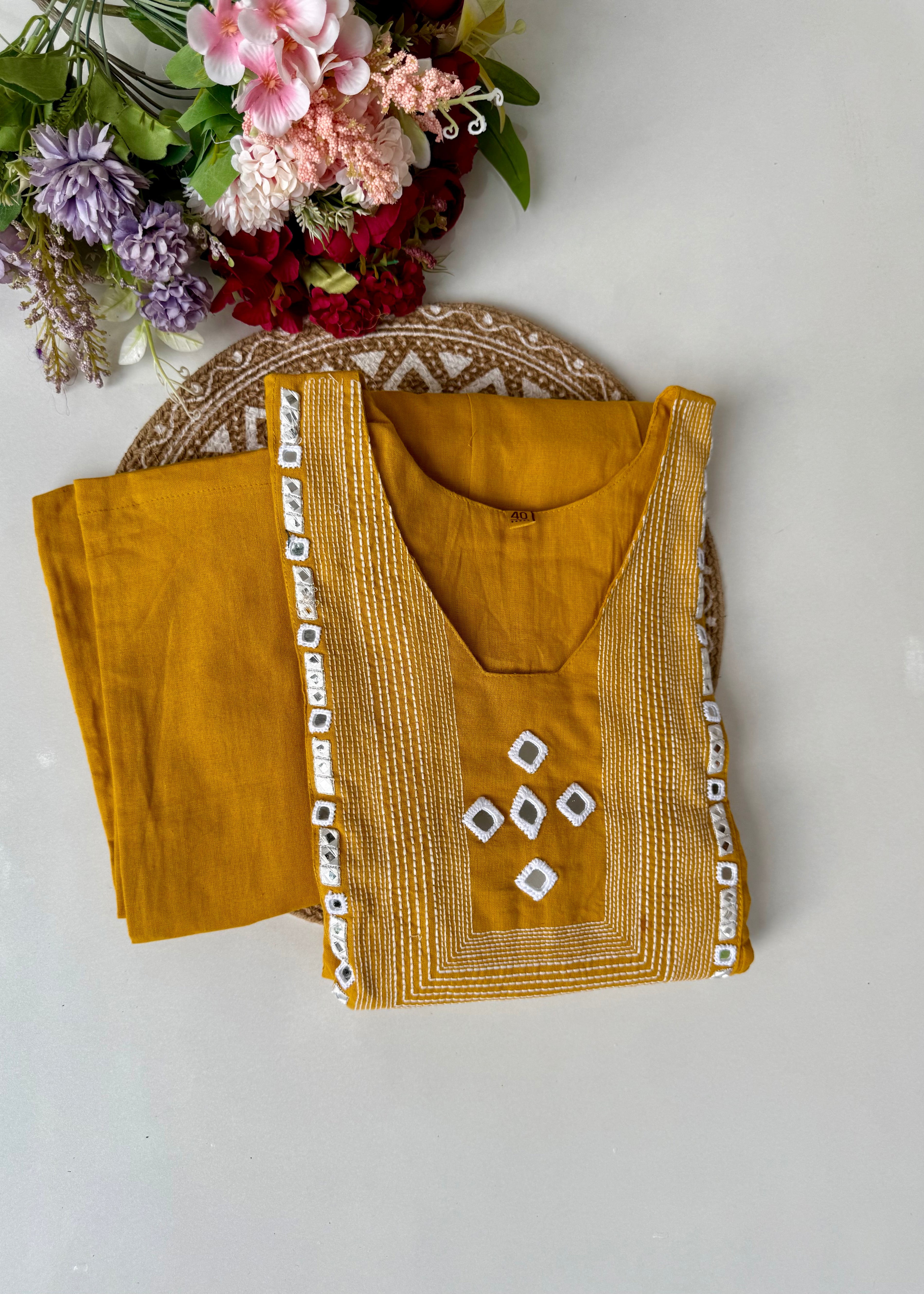 “IRYA" Yellow Mirror work cotton Anarkali kurta set