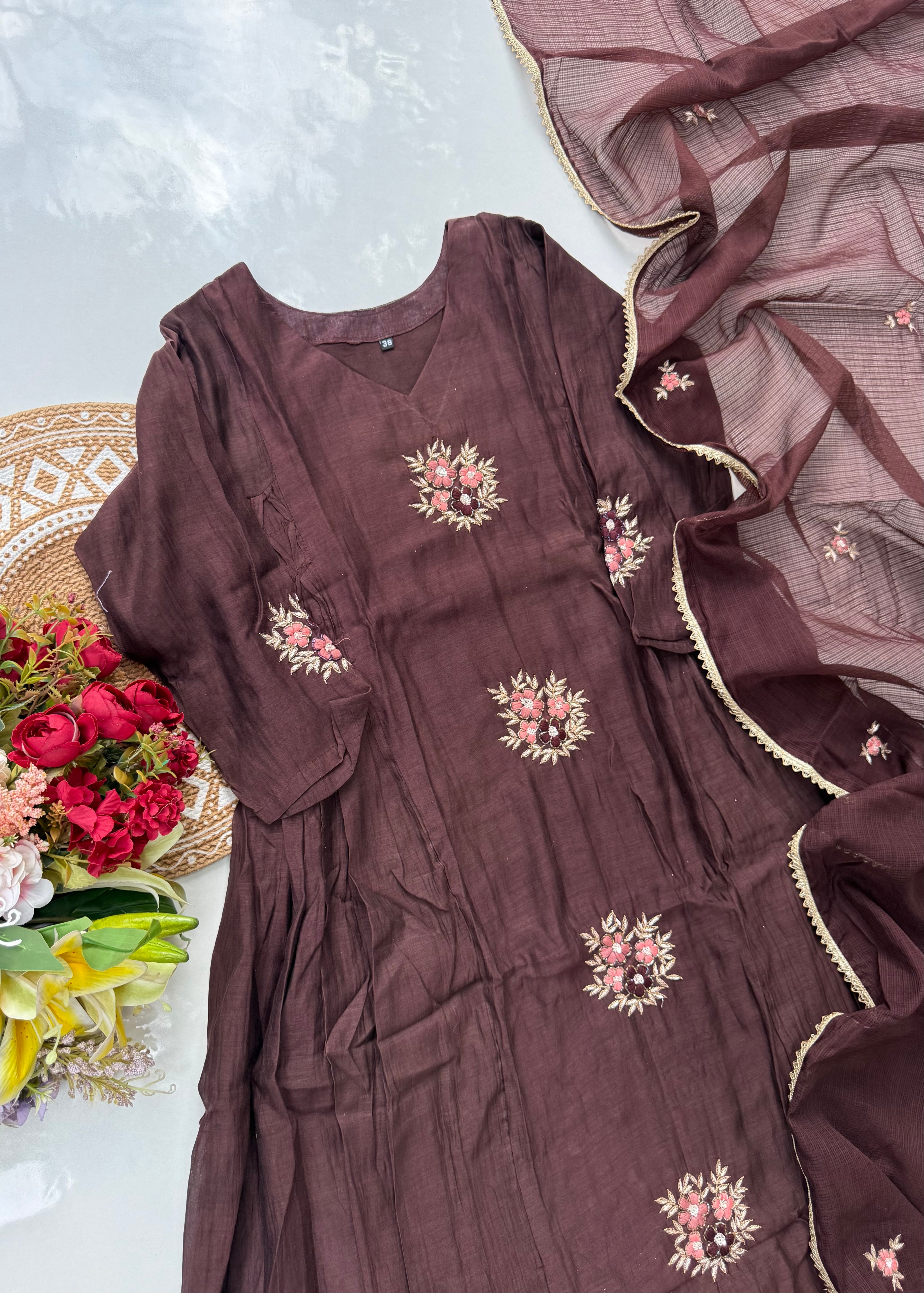 “YAHVI” Premium Rich Brown Mul Chanderi anarkali kurta set