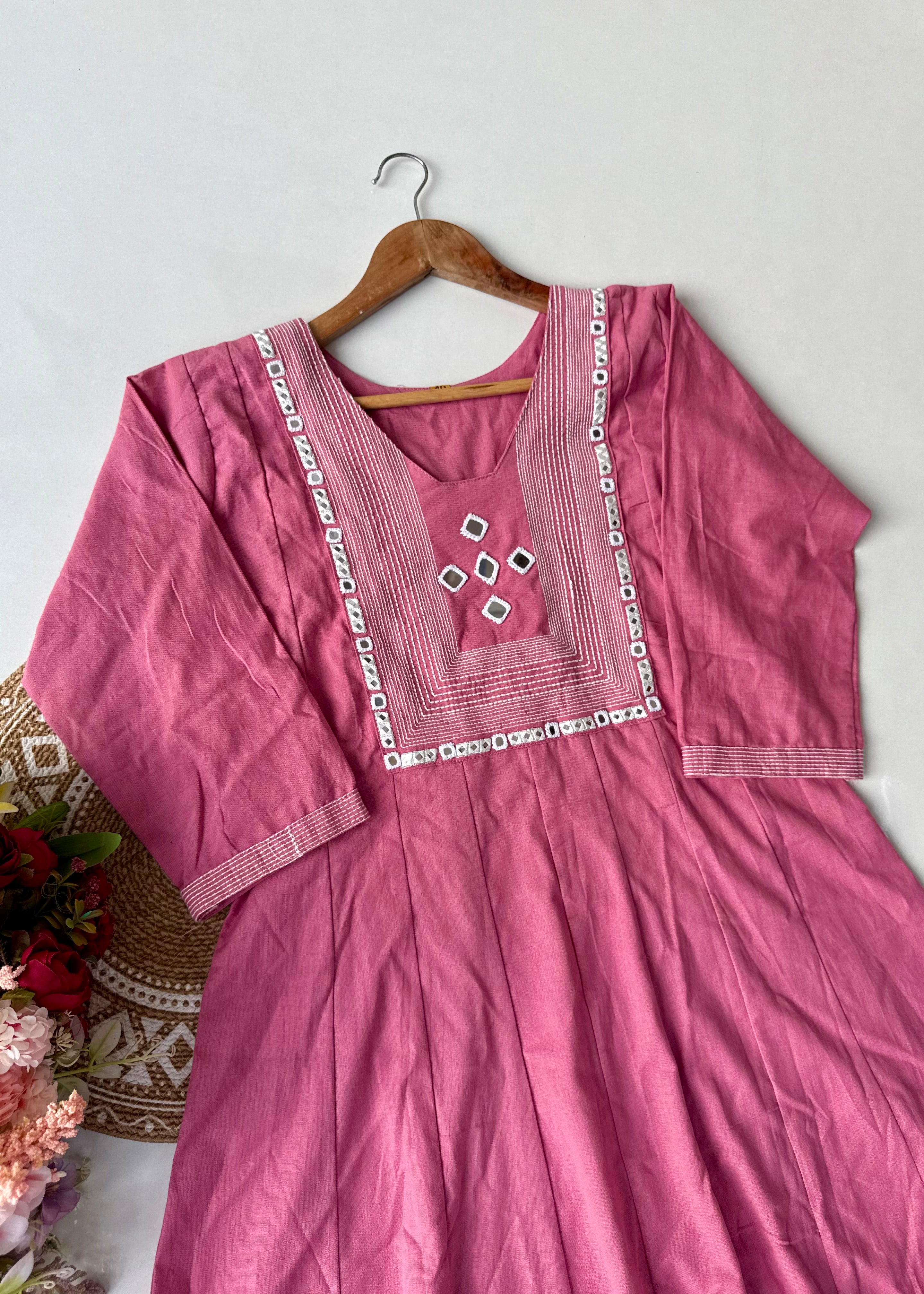“IRYA" Rose Pink Mirror work cotton Anarkali kurta set