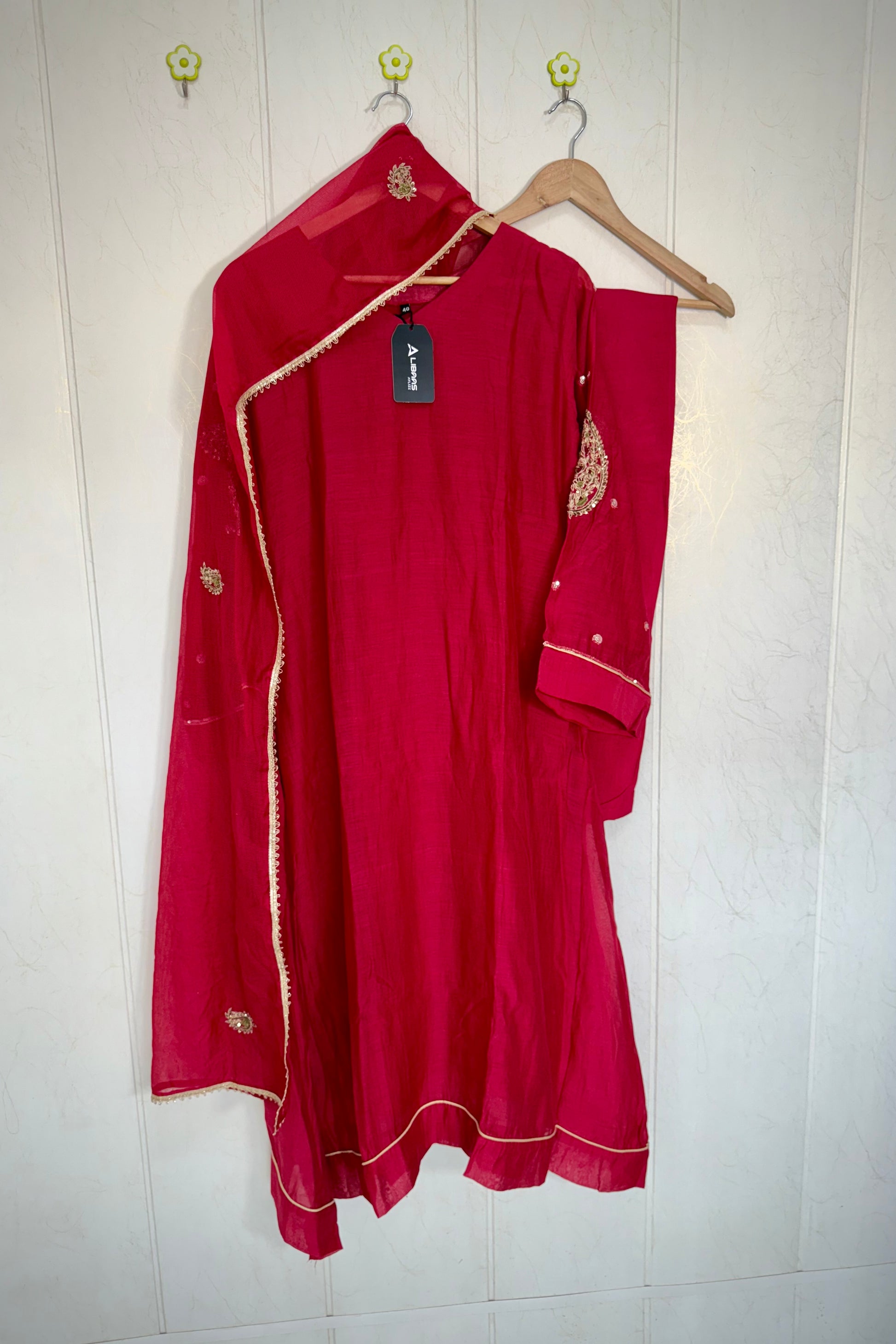 “Navya” Beautiful Red Mul Chanderi A line Anarkali Kurta Set