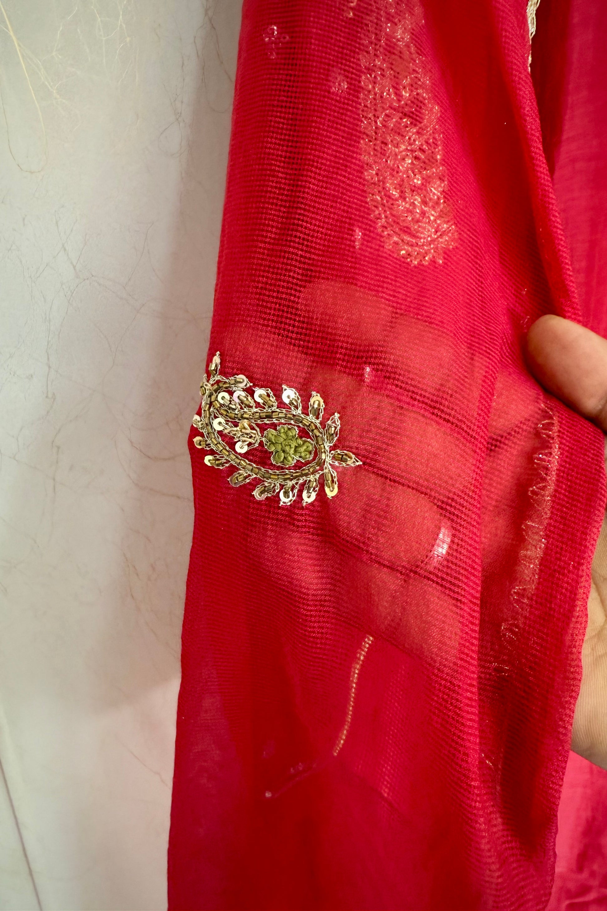 “Navya” Beautiful Red Mul Chanderi A line Anarkali Kurta Set