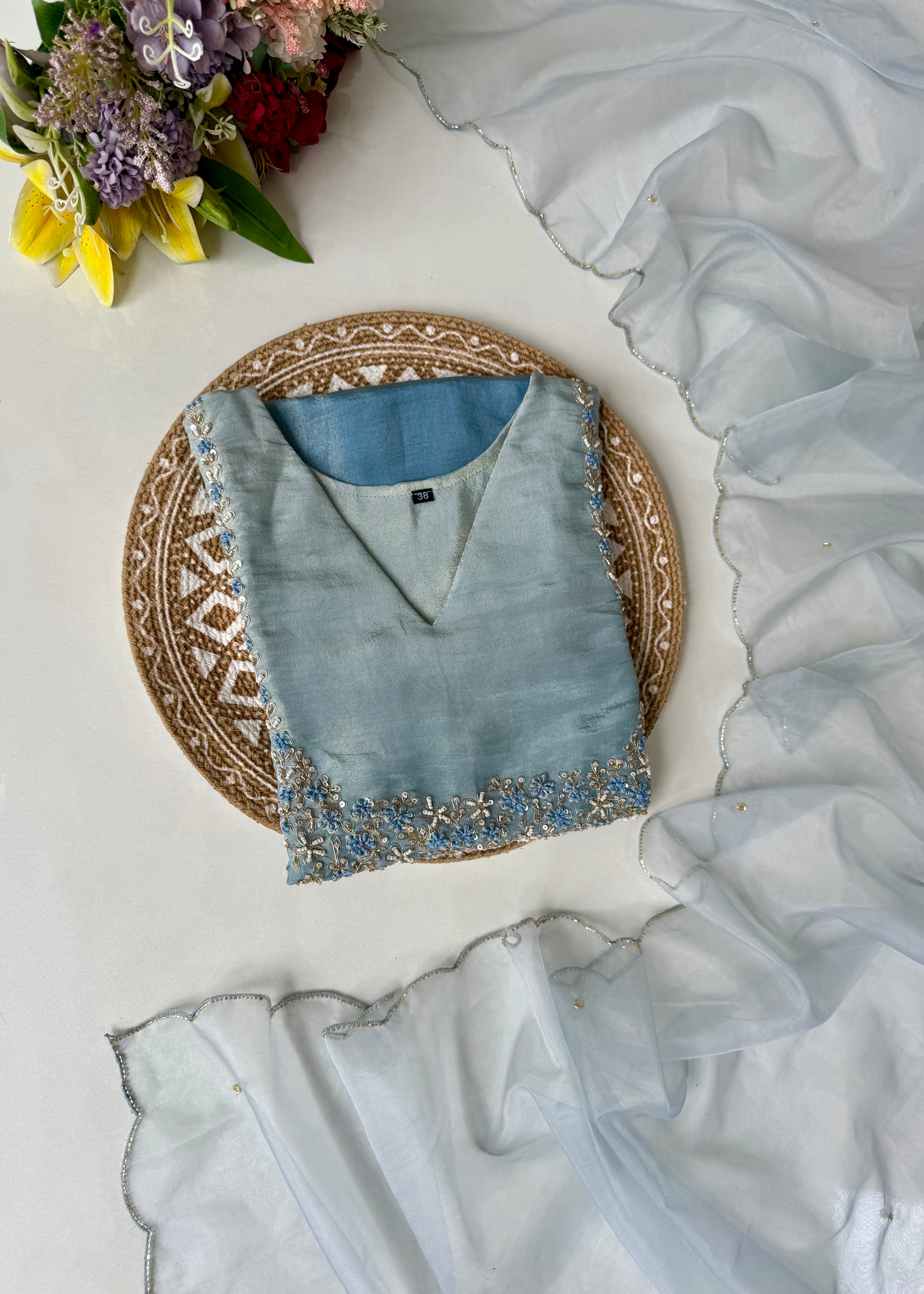 “Hansika” Ombre Tissue silk handcrafted kurti bottom dupatta set 🛍️