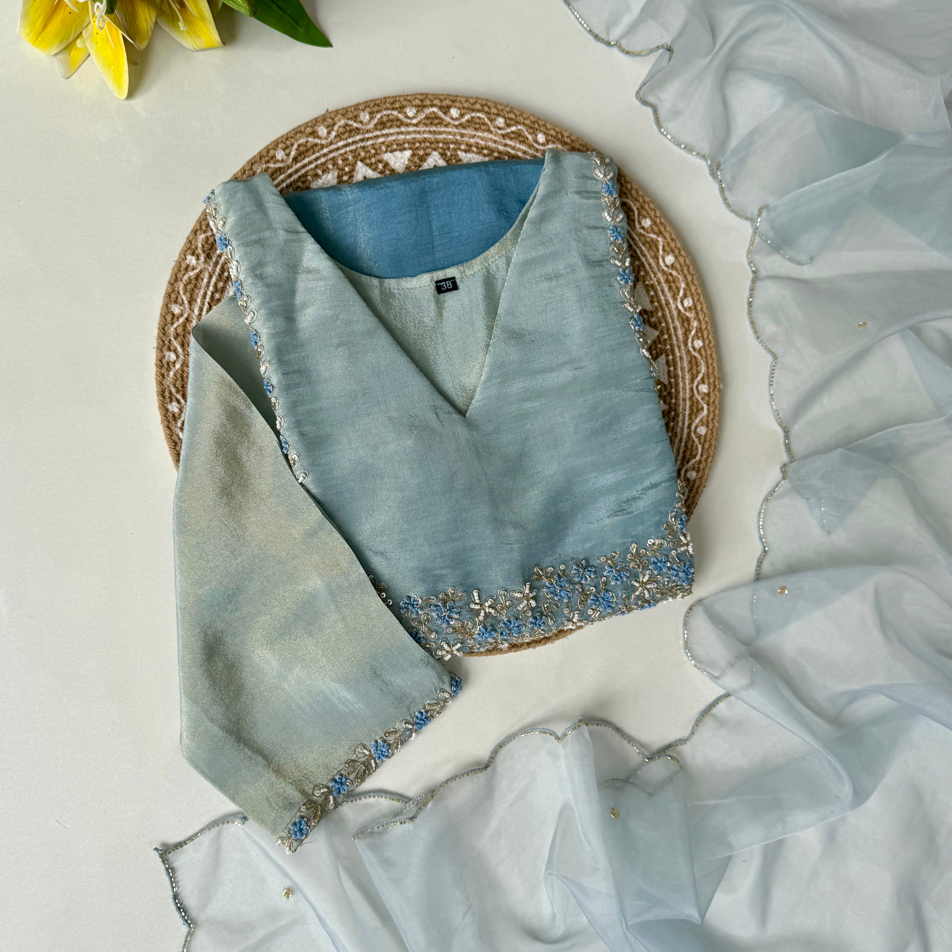 “Hansika” Ombre Tissue silk handcrafted kurti bottom dupatta set 🛍️