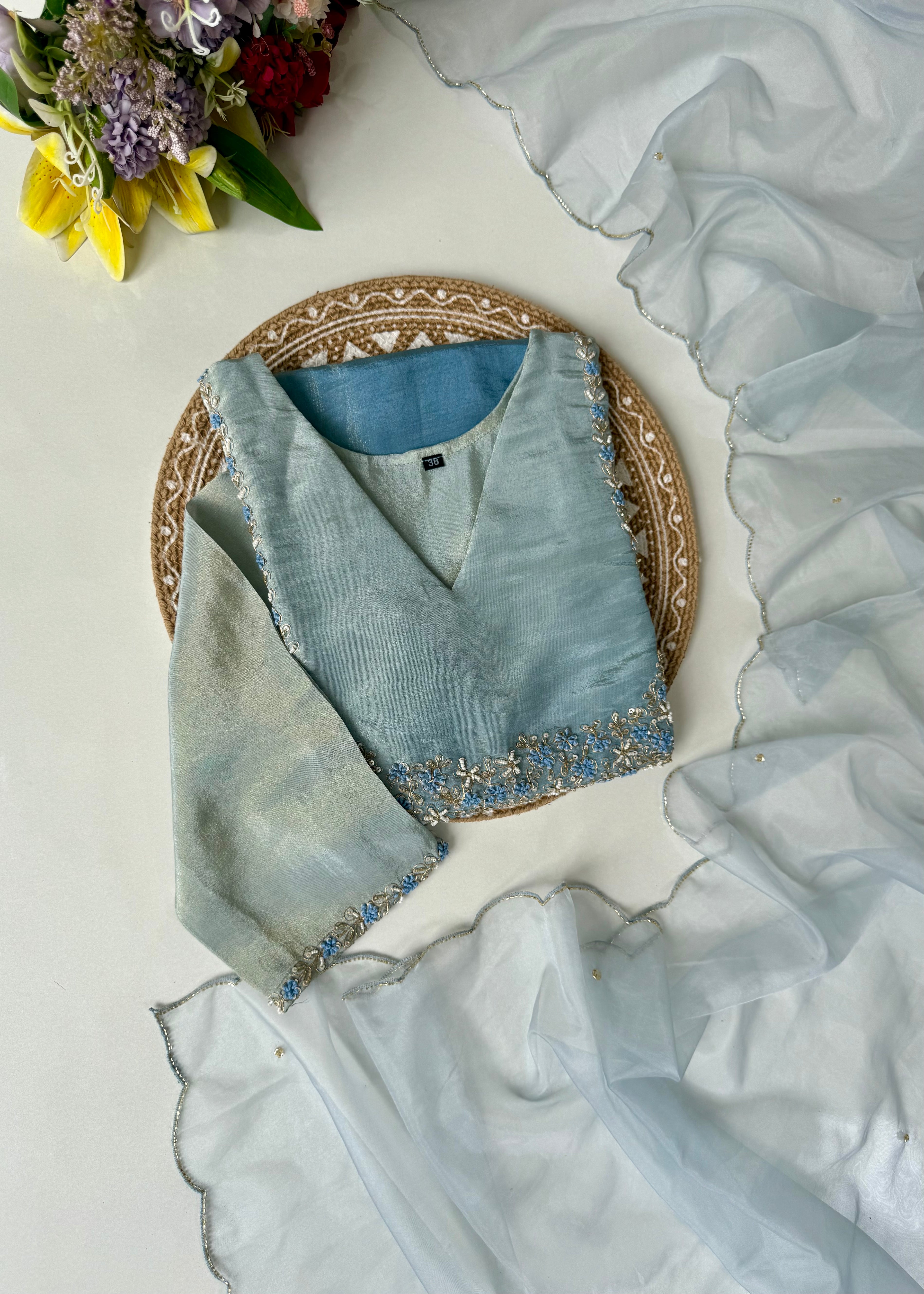 “Hansika” Ombre Tissue silk handcrafted kurti bottom dupatta set 🛍️