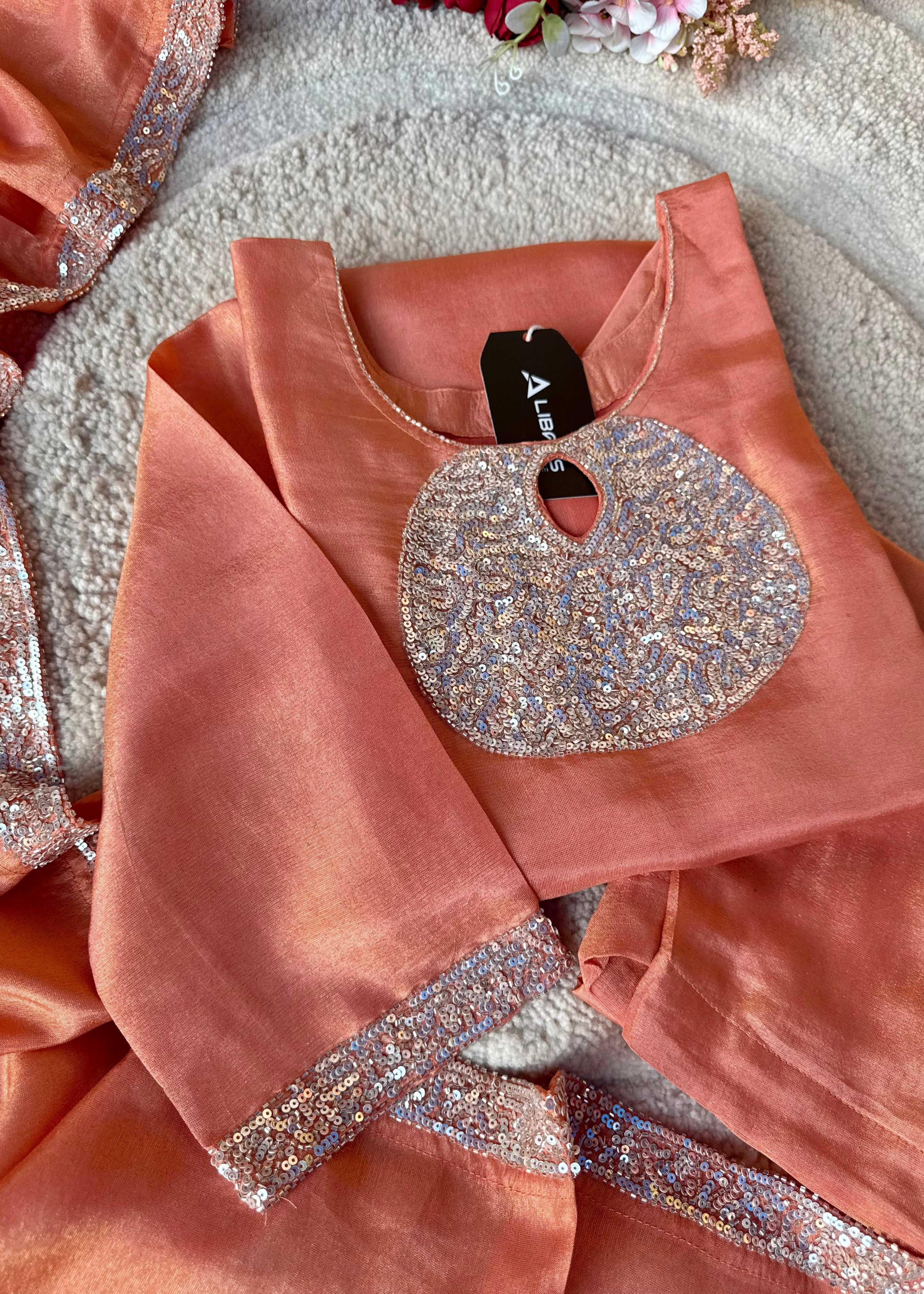 “SHINE” Beautiful Peach with gold tone shimmer tissue kurta set