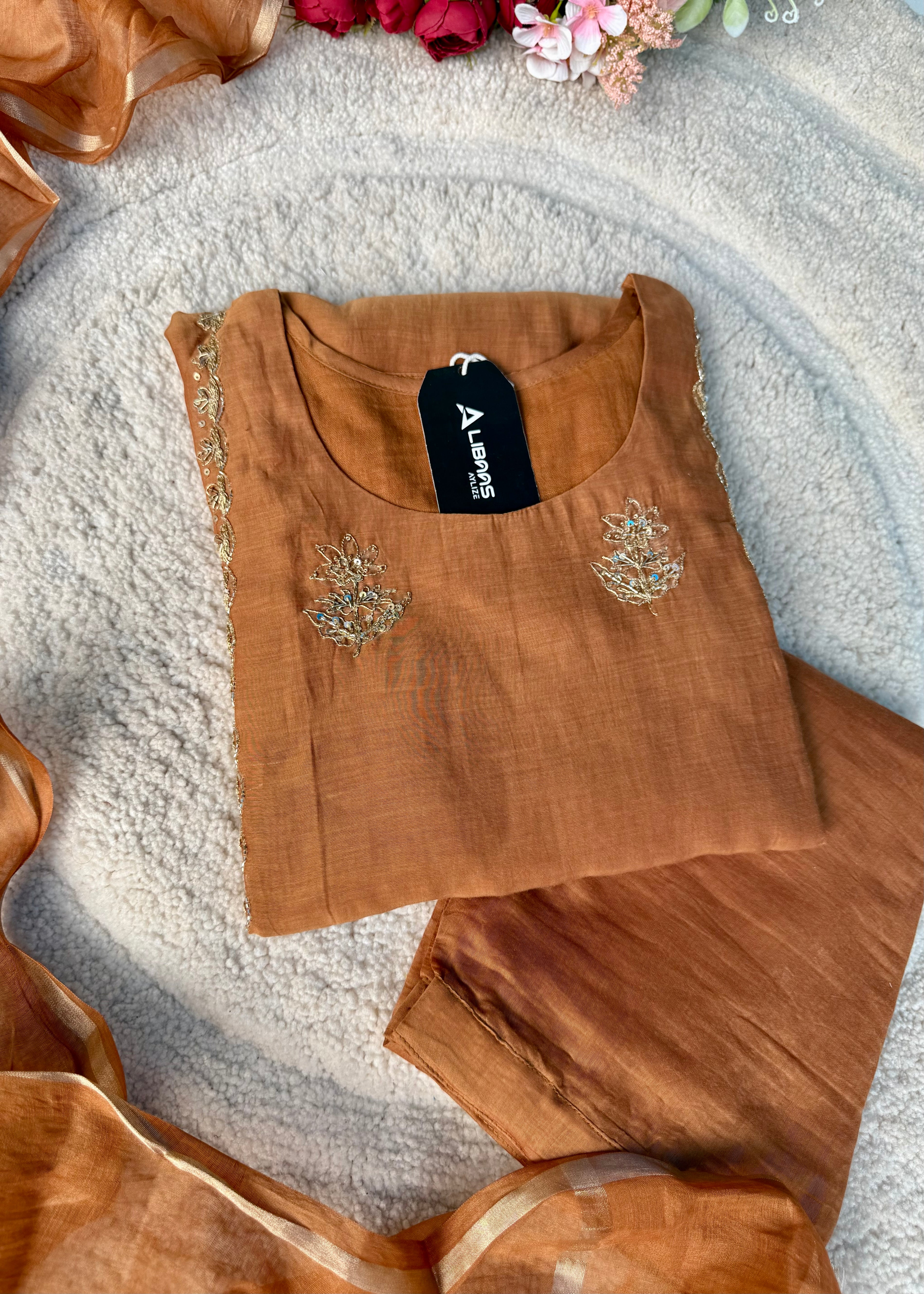 “Ujjwal” Copper Brown Mul Chanderi A Line Suit set 🛍️