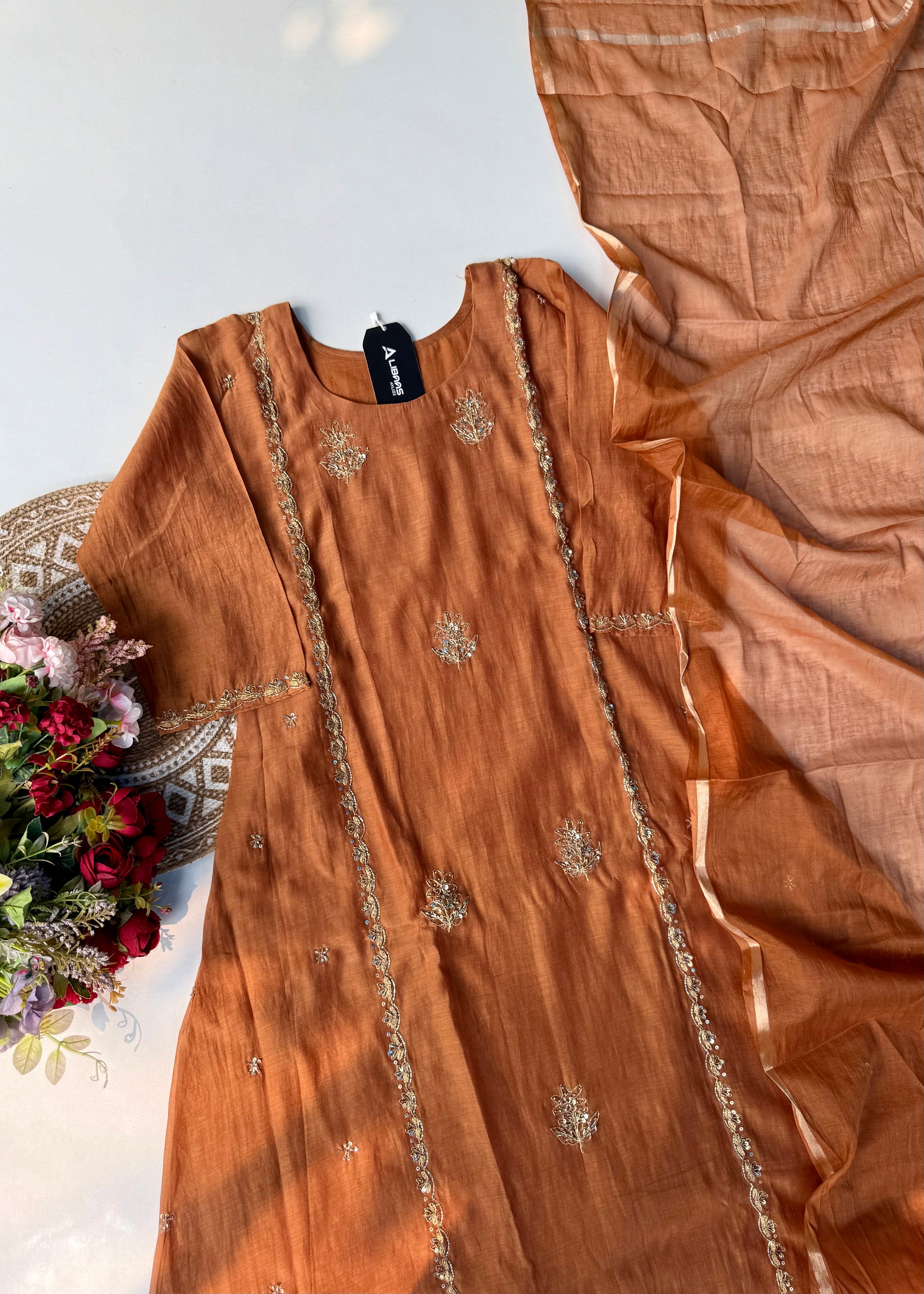 “Ujjwal” Copper Brown Mul Chanderi A Line Suit set 🛍️