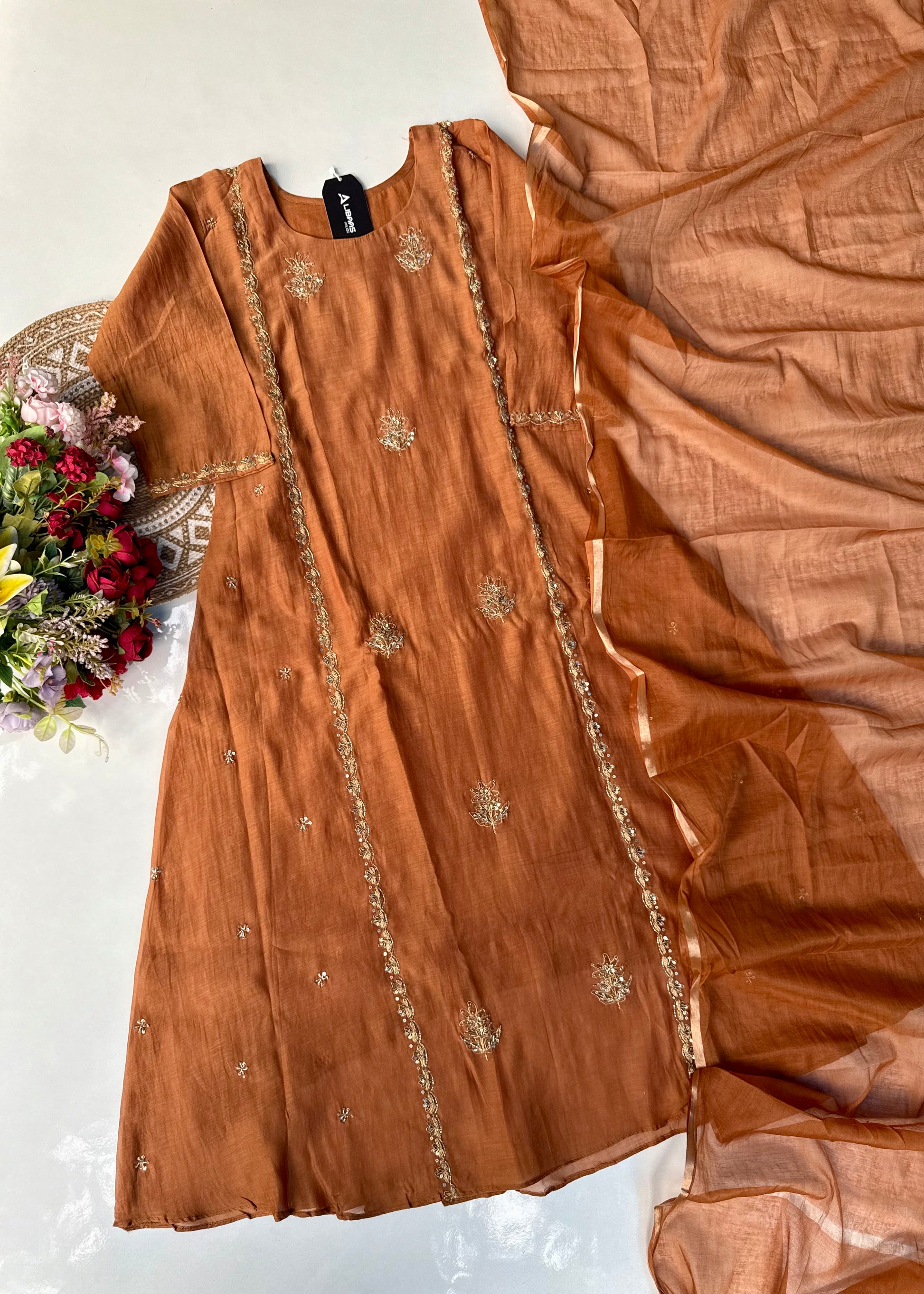 “Ujjwal” Copper Brown Mul Chanderi A Line Suit set 🛍️