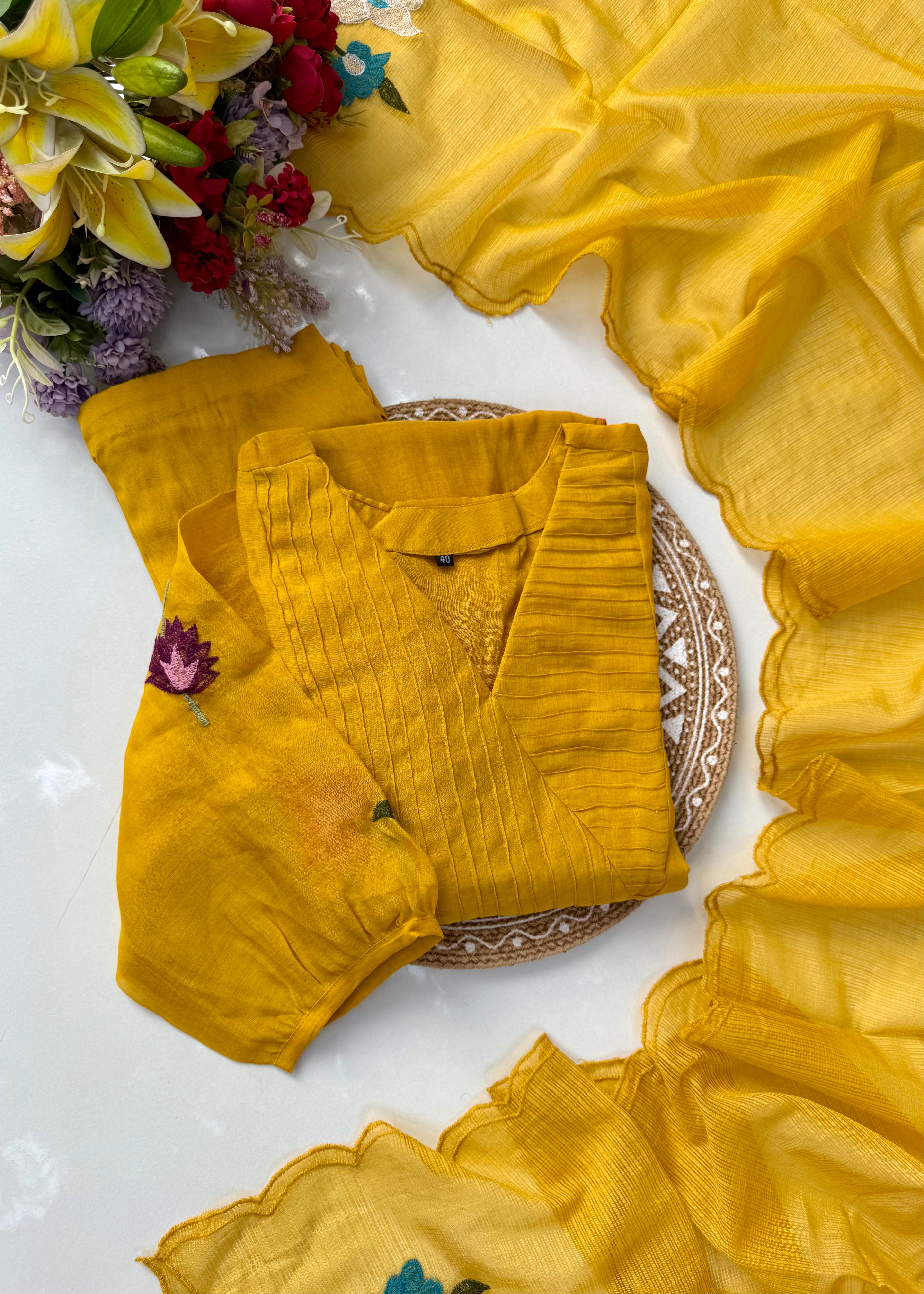 “IFRA” Premium Yellow Mul Chanderi party wear anarkali kurta set
