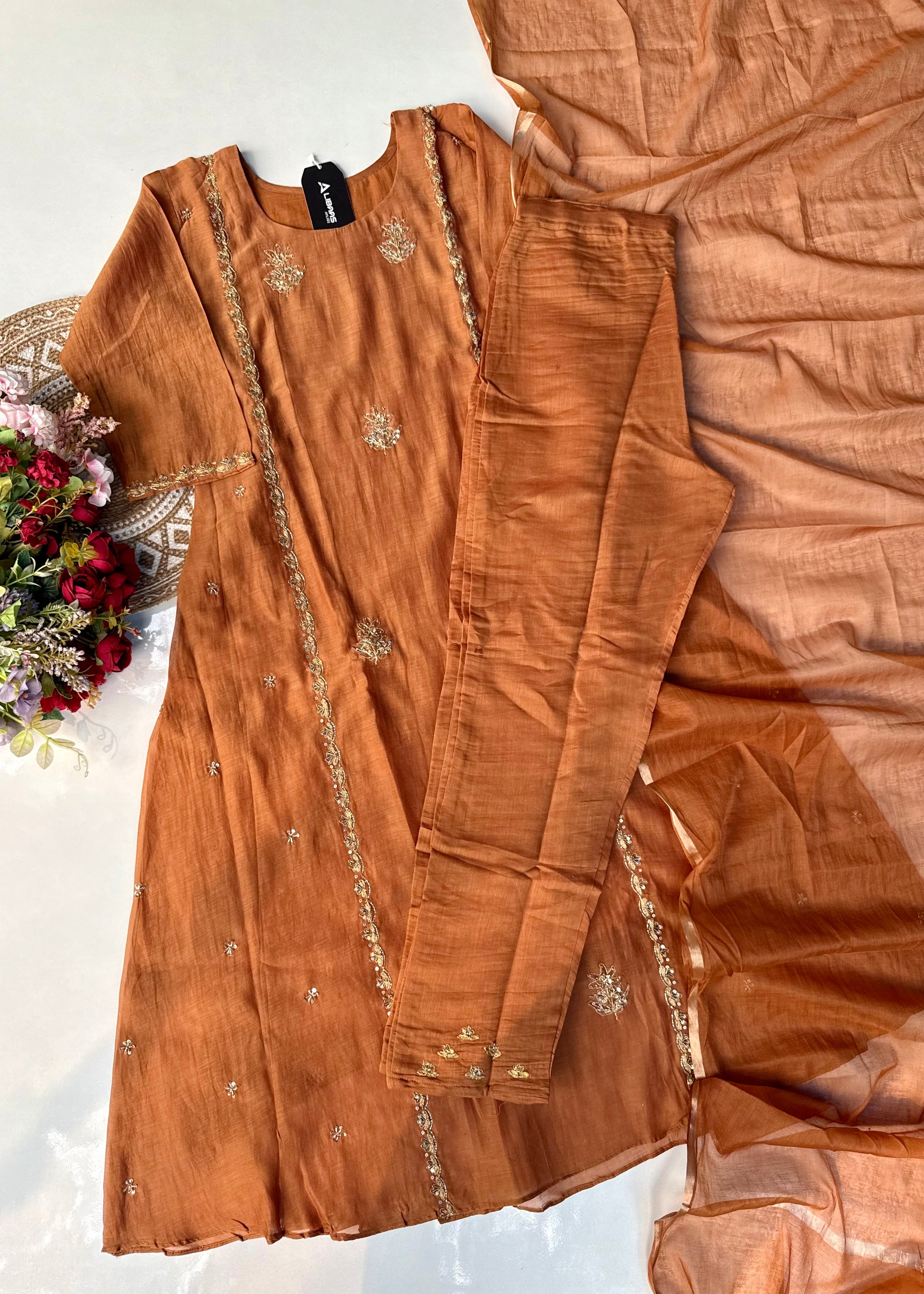 “Ujjwal” Copper Brown Mul Chanderi A Line Suit set 🛍️