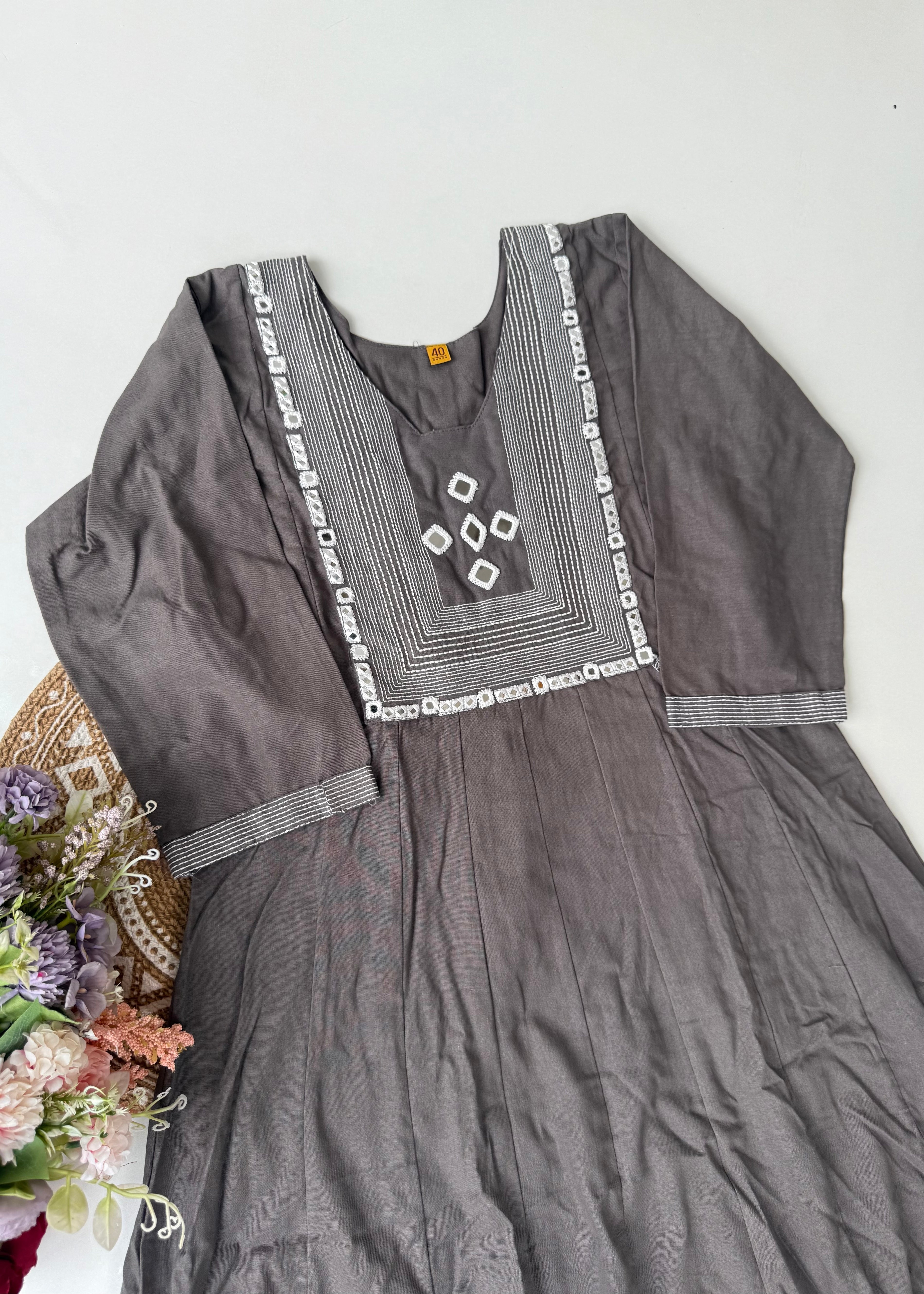 “IRYA" Grey Mirror work cotton Anarkali kurta set