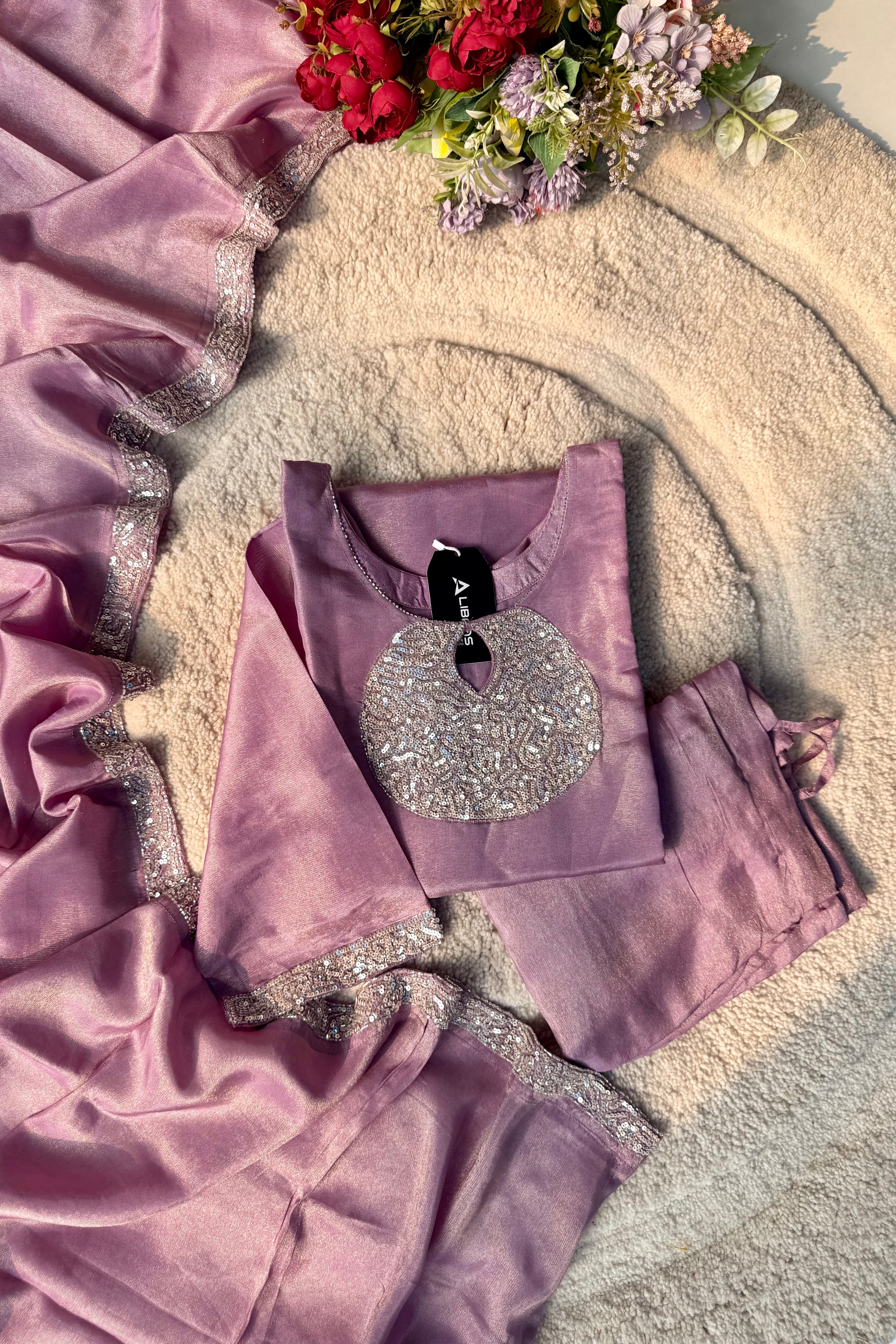 “SHINE” Beautiful Lavender with gold tone shimmer tissue kurta set