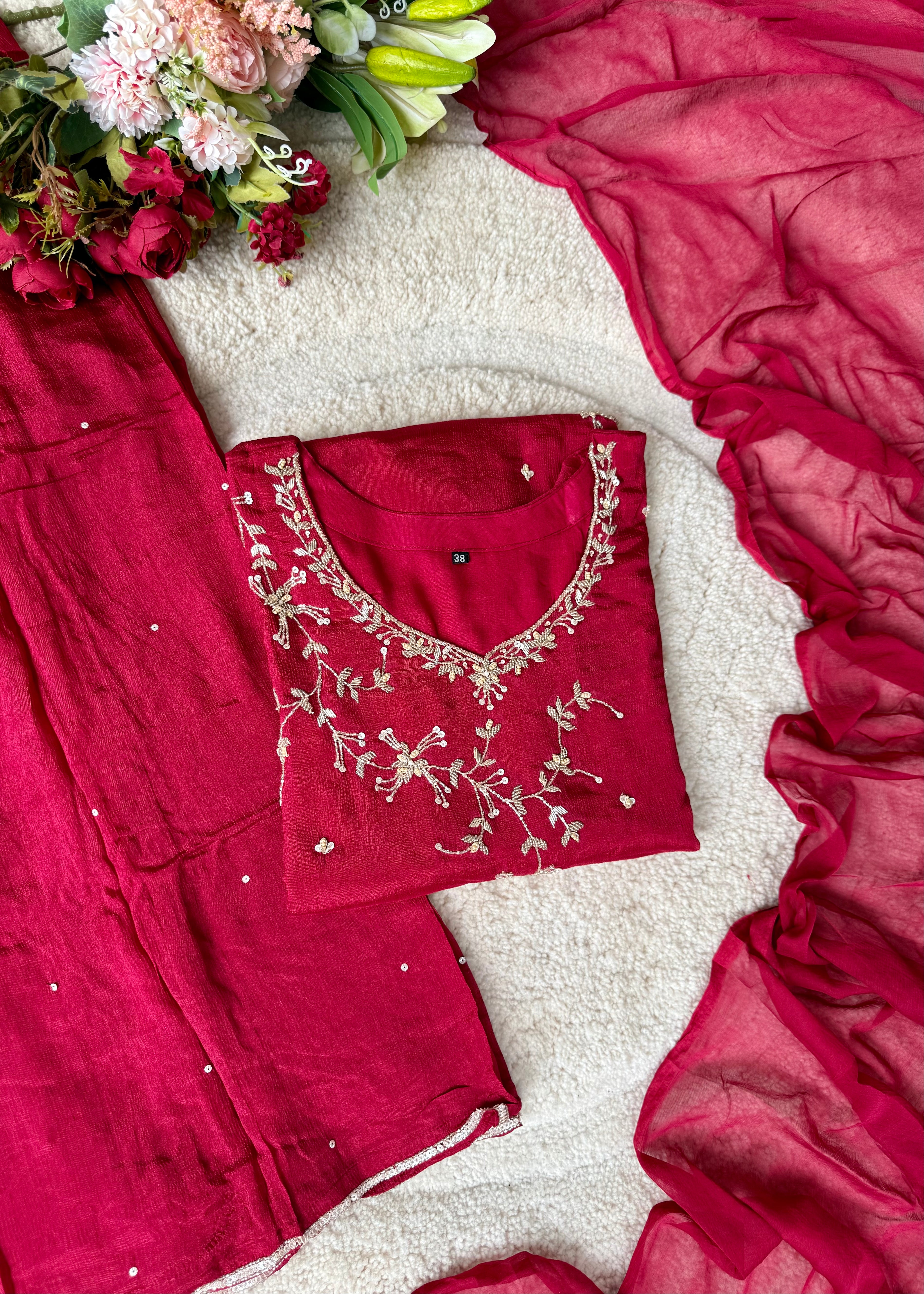 “Alya” Chinnon Silk Heavy Handwork Kurta Palazzo Set with Dupatta