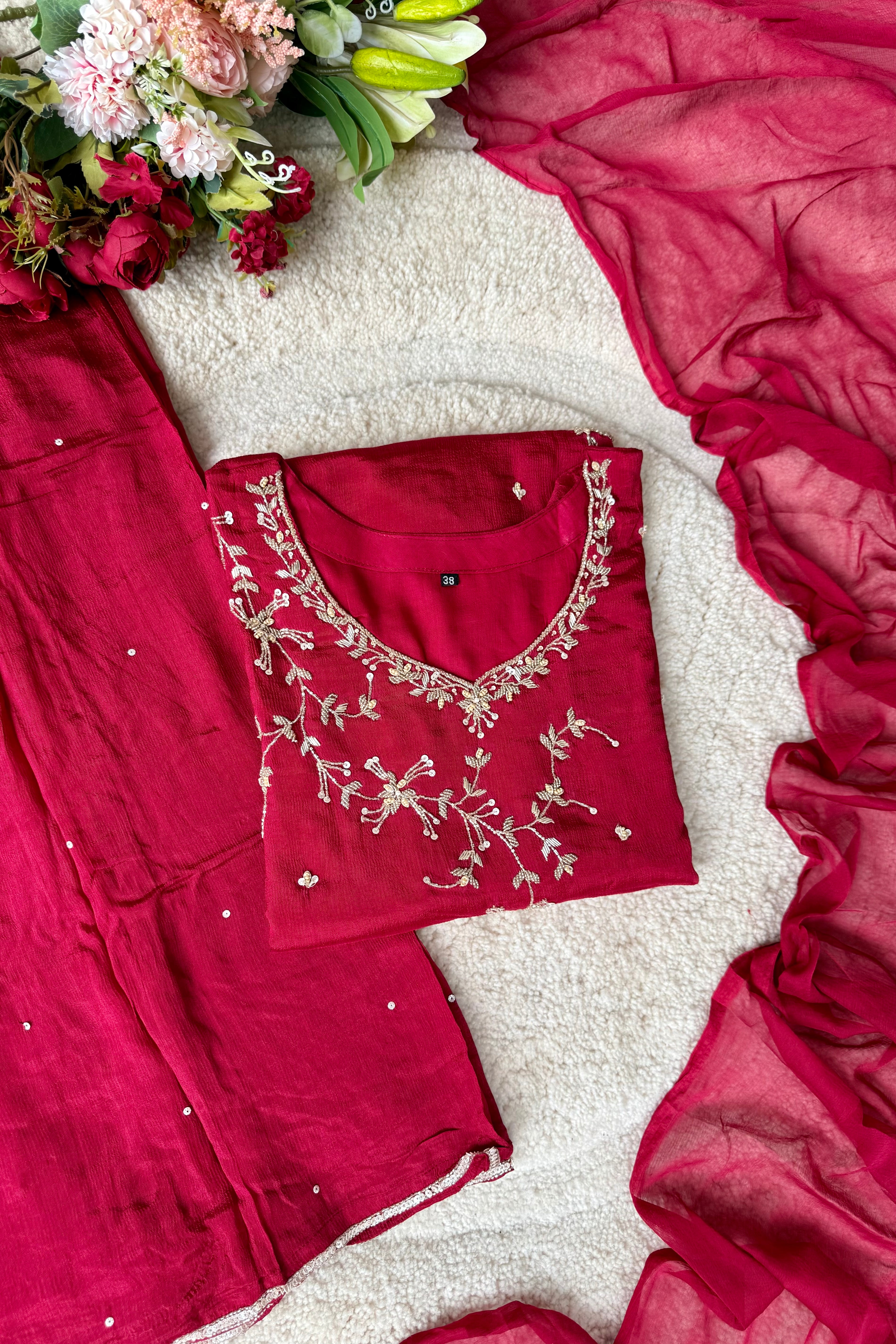 “Alya” Chinnon Silk Heavy Handwork Kurta Palazzo Set with Dupatta