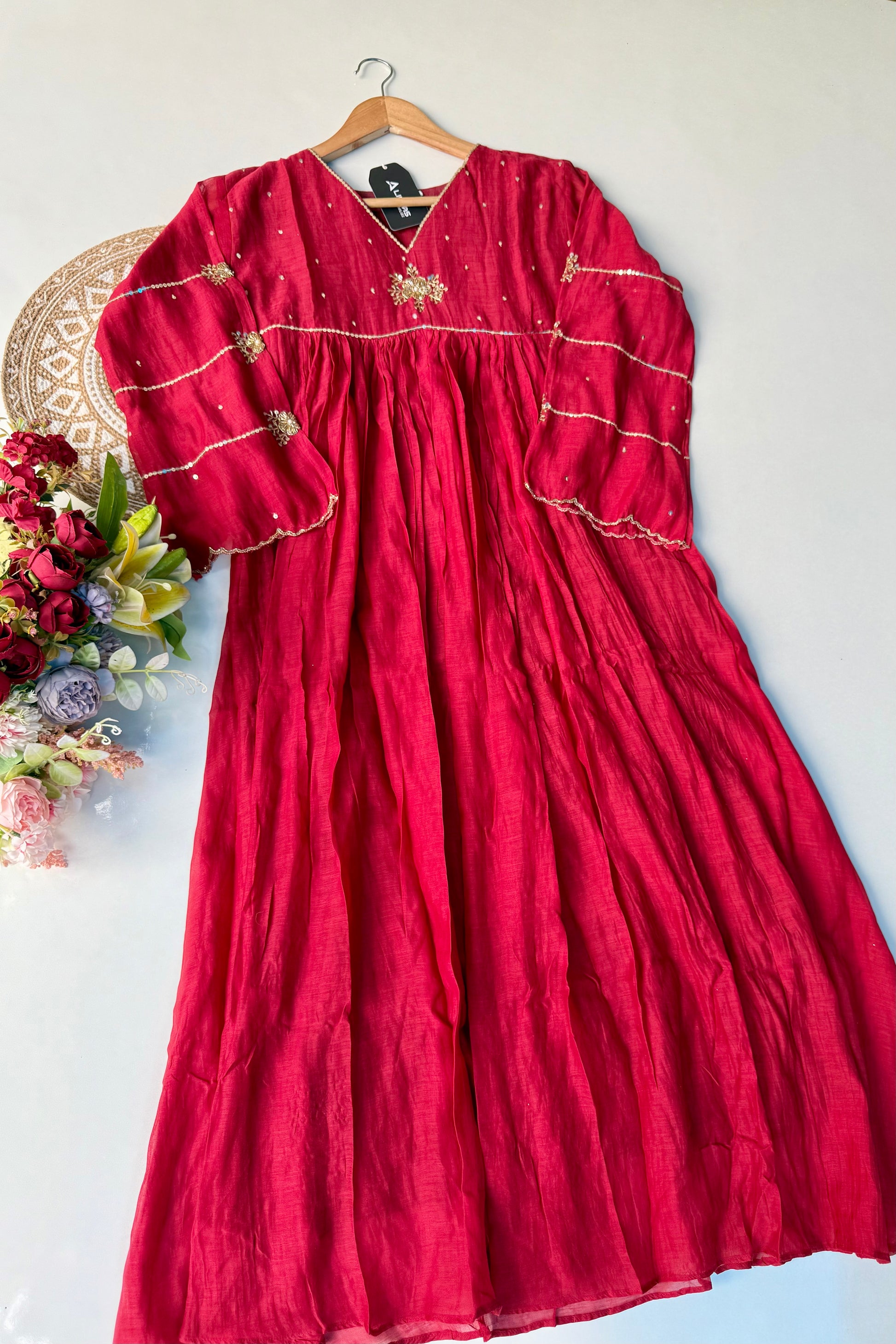 “Anya” Beautiful Red Mul Chanderi Anarkali Kurta Set