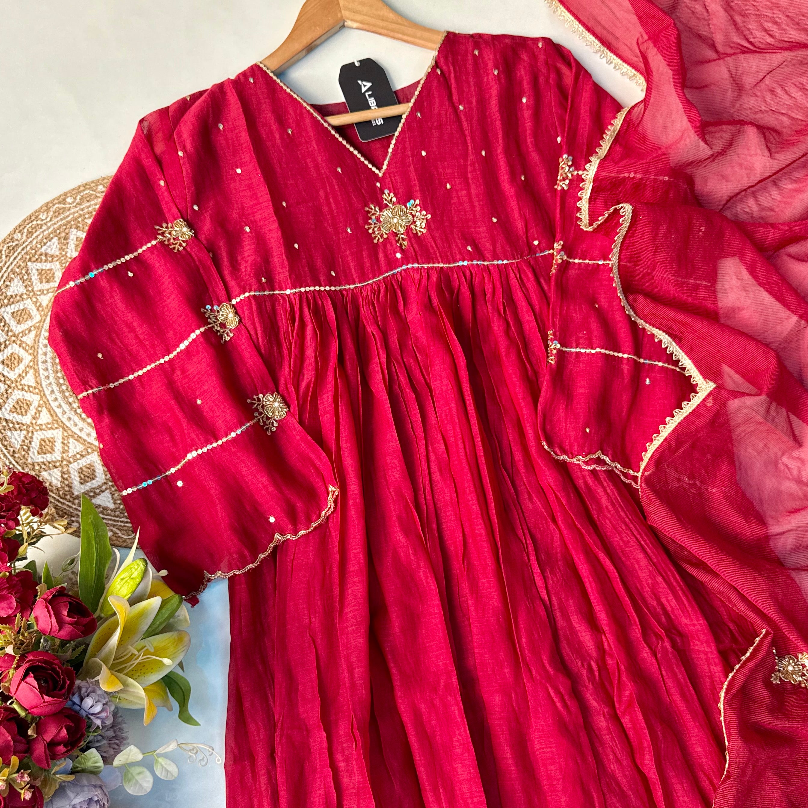 “Anya” Beautiful Red Mul Chanderi Anarkali Kurta Set