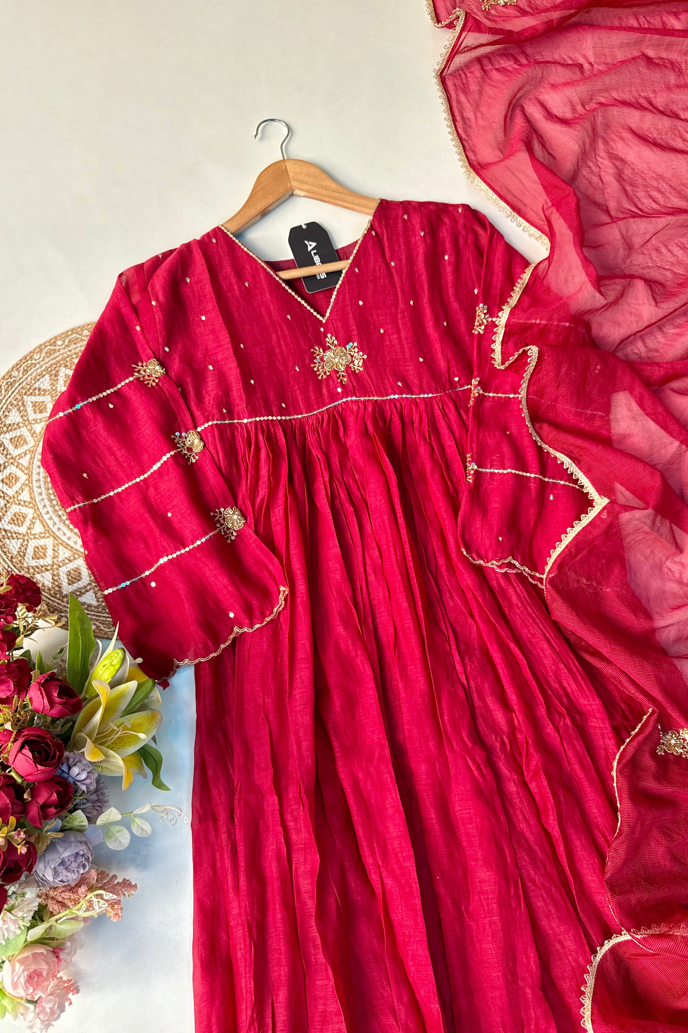 “Anya” Beautiful Red Mul Chanderi Anarkali Kurta Set