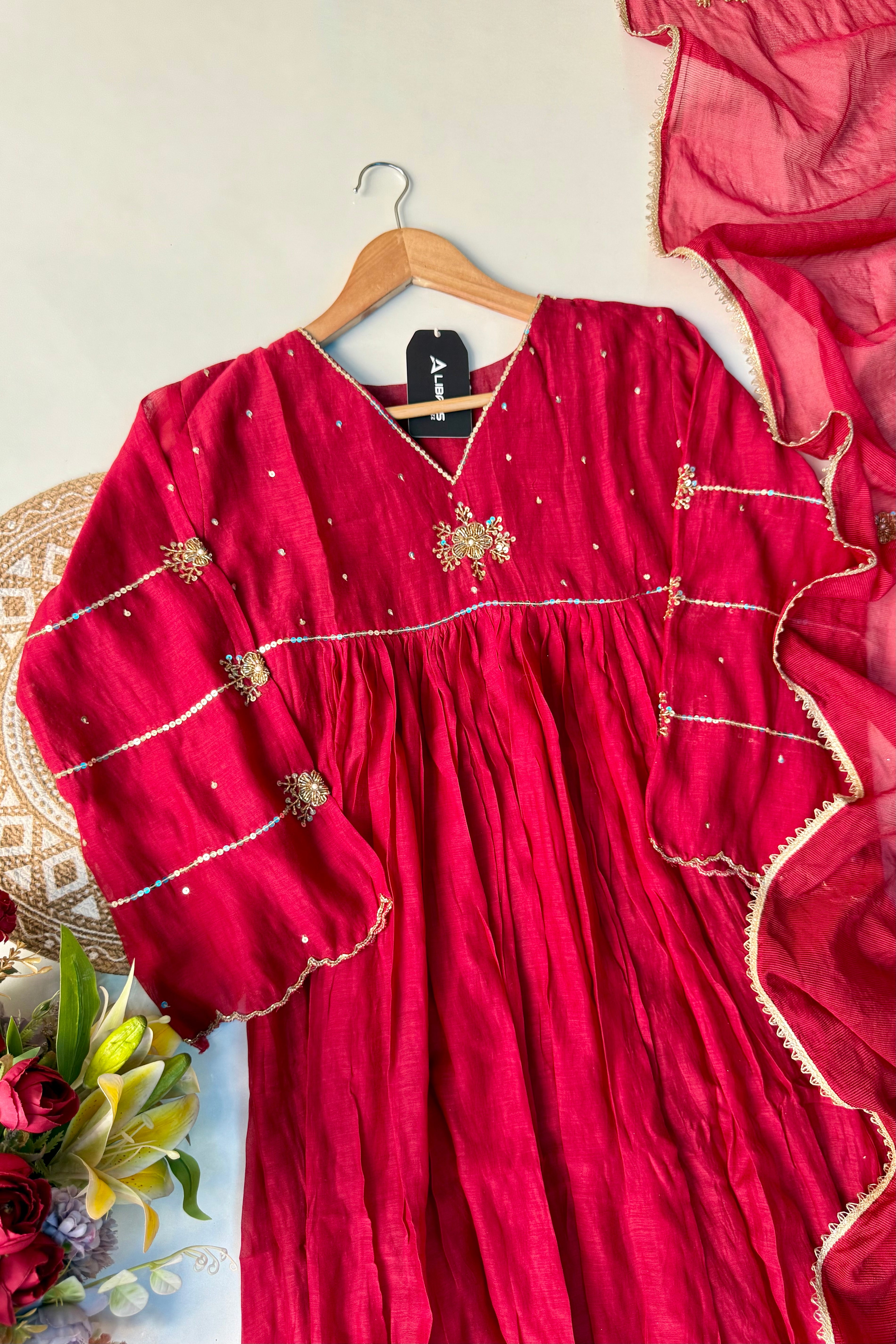 “Anya” Beautiful Red Mul Chanderi Anarkali Kurta Set