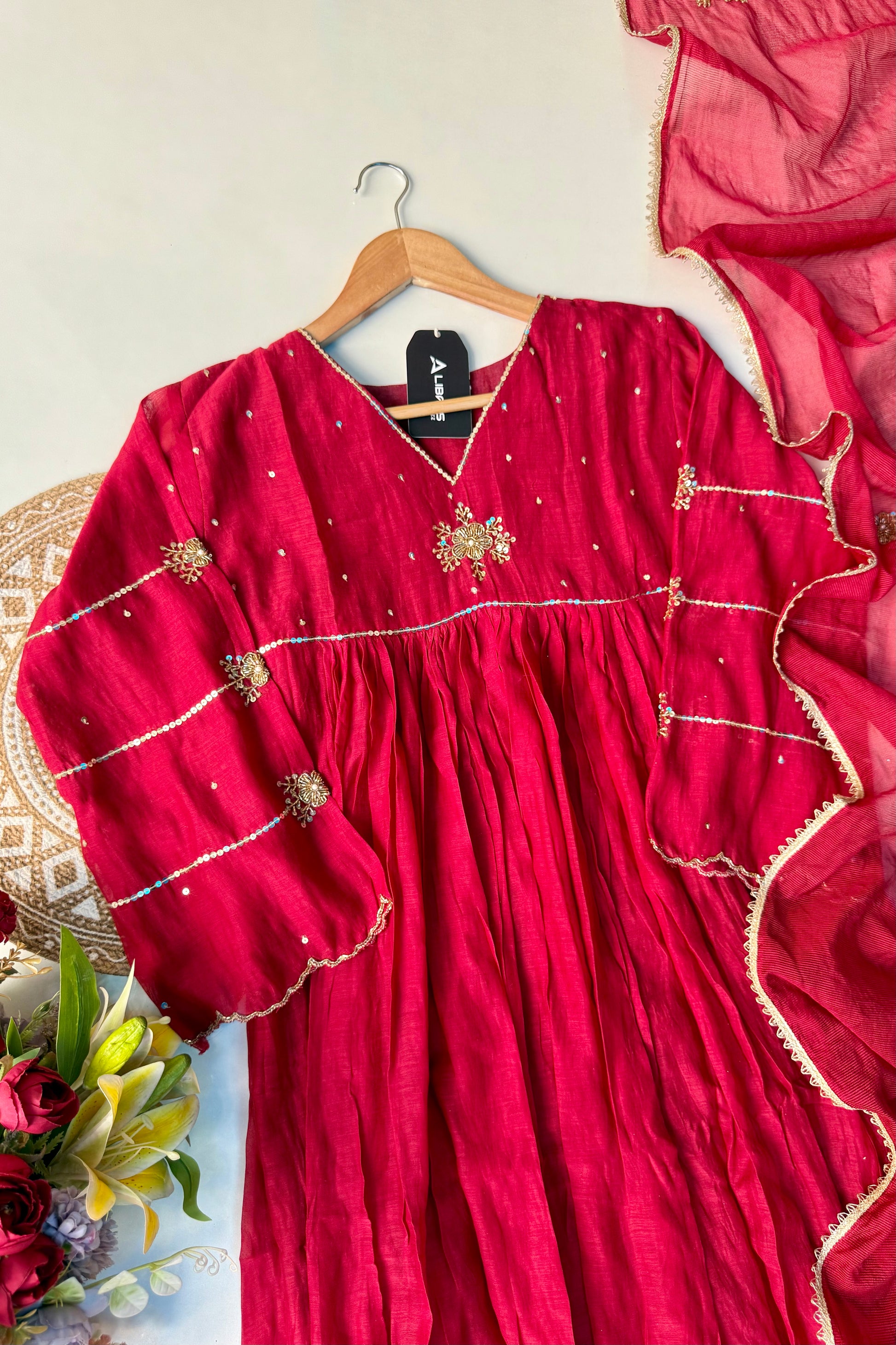“Anya” Beautiful Red Mul Chanderi Anarkali Kurta Set