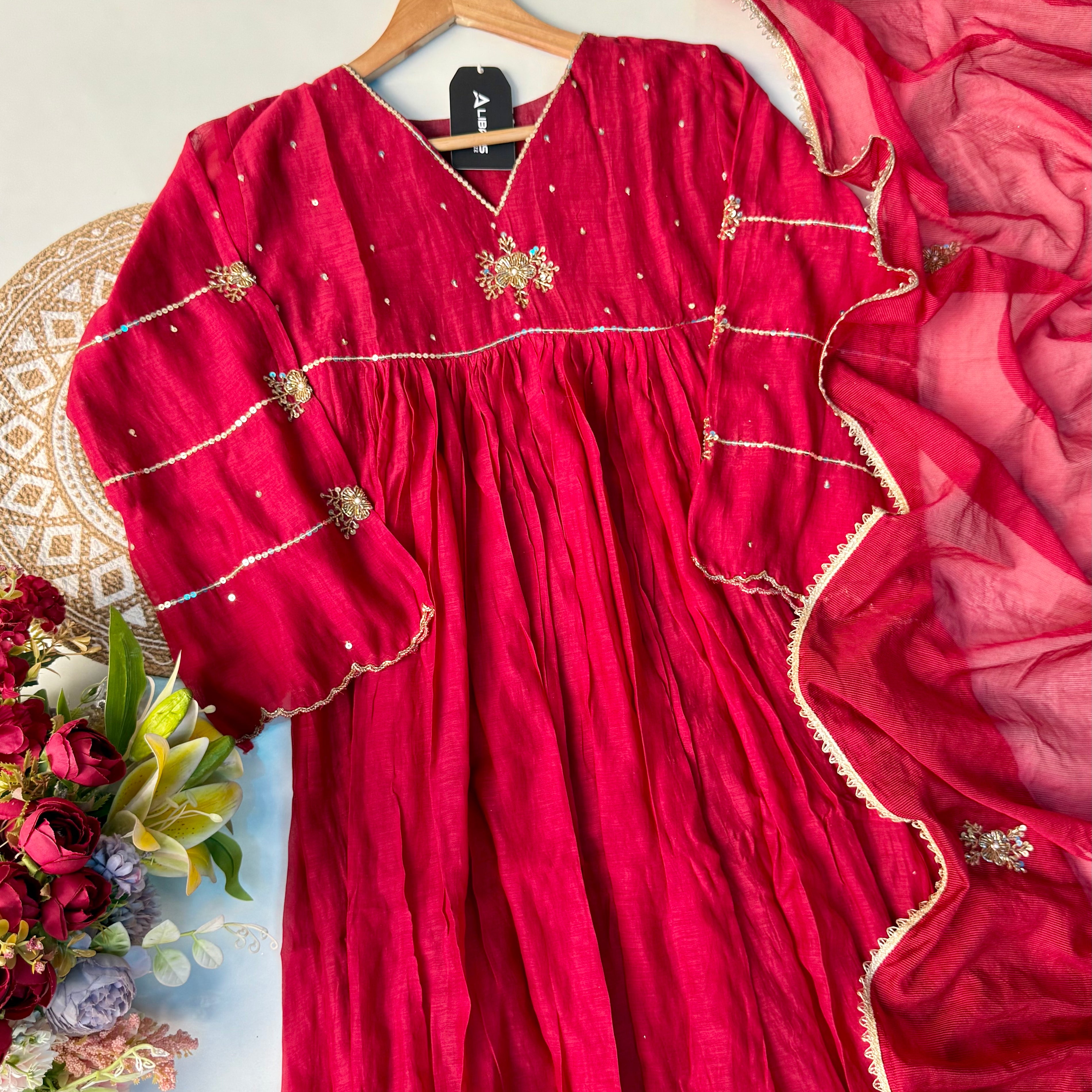 “Anya” Beautiful Red Mul Chanderi Anarkali Kurta Set