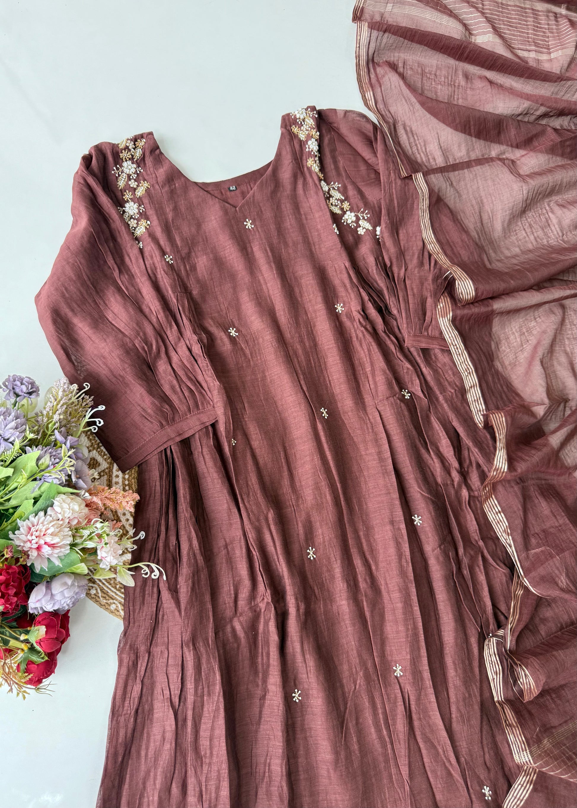 “Zayna” Premium Rich Brown Mul Chanderi anarkali kurta set
