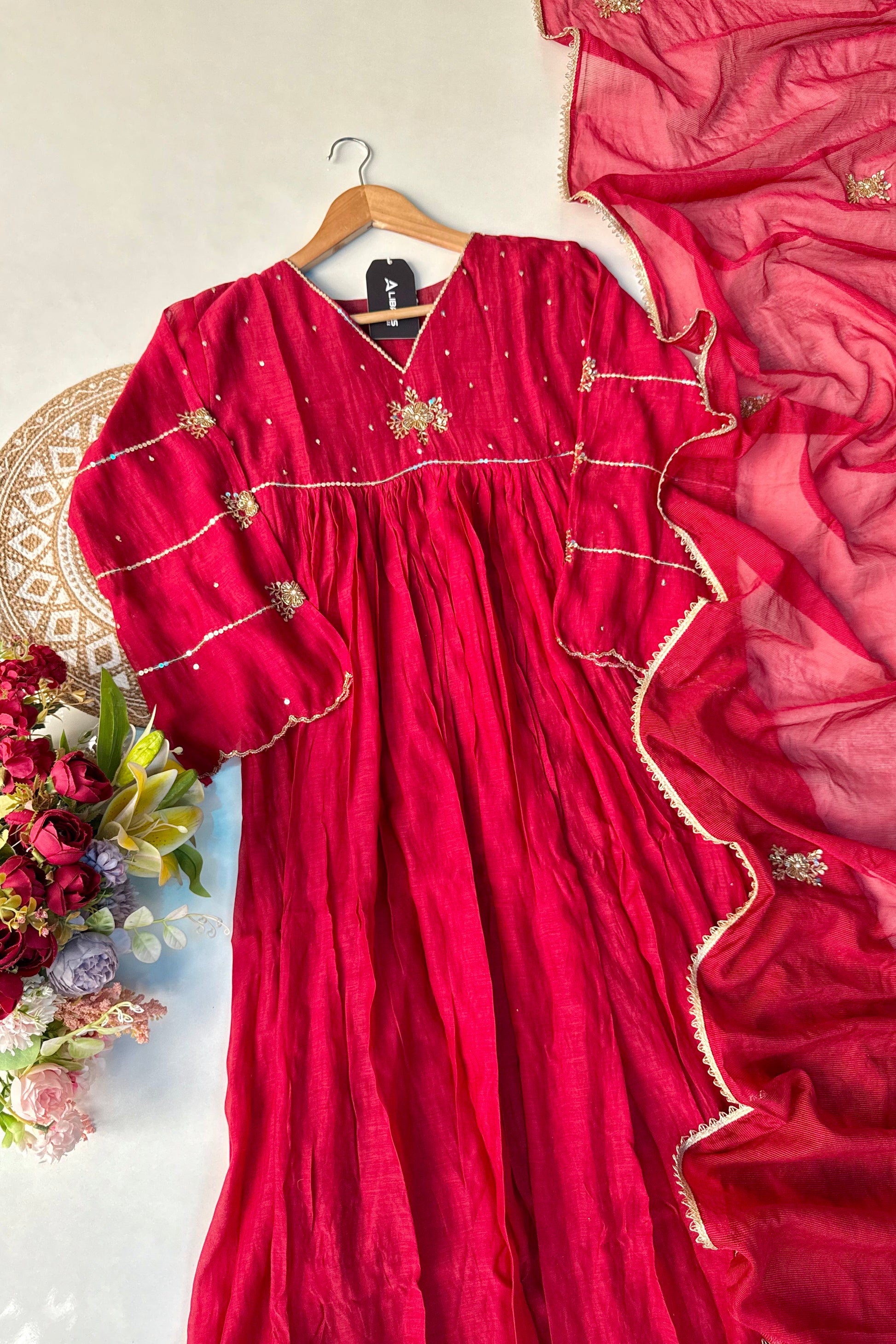 “Anya” Beautiful Red Mul Chanderi Anarkali Kurta Set