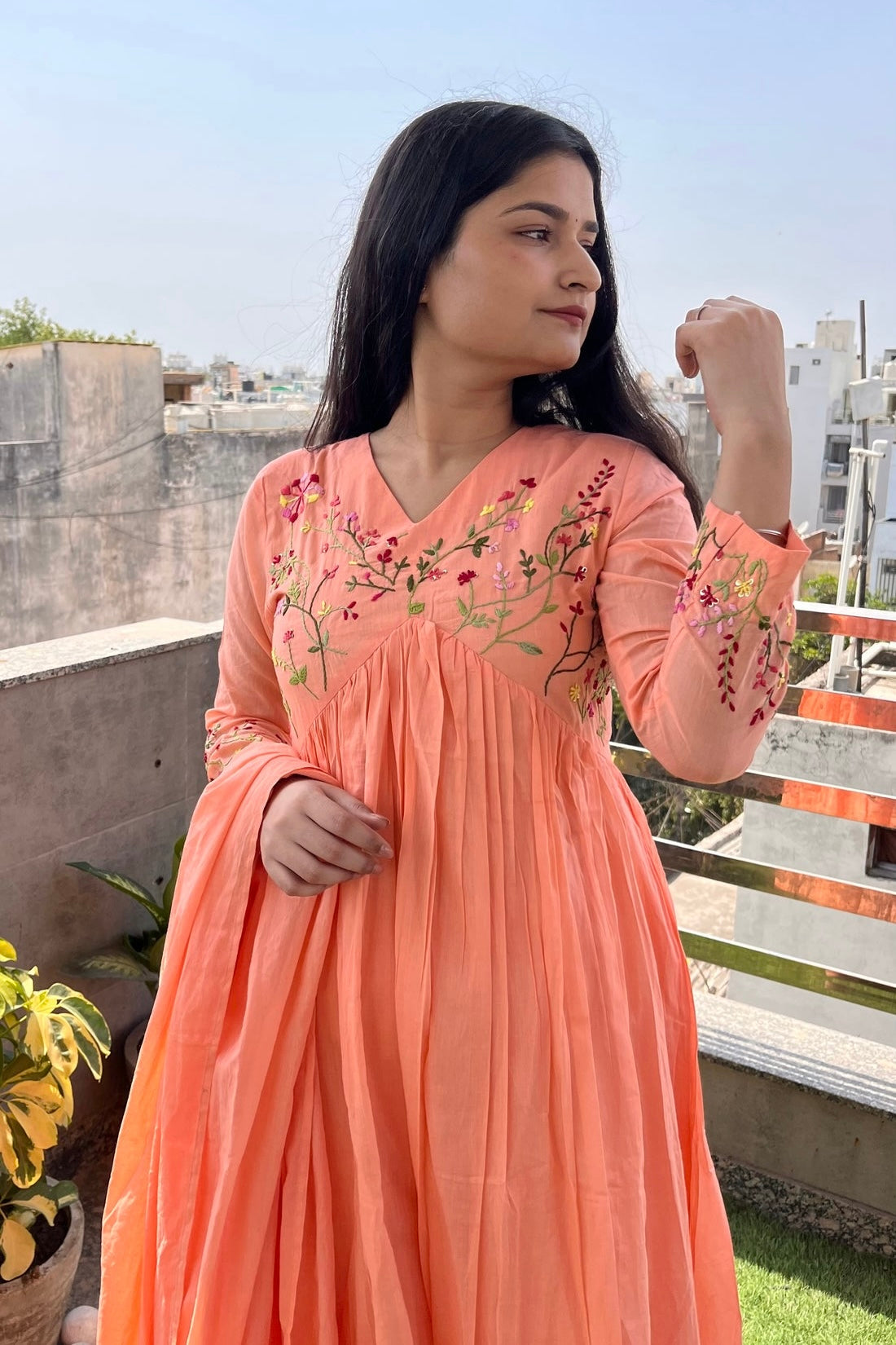 “Ziva” Beautiful Mul Cotton Embroidered Anarkali Kurta Set