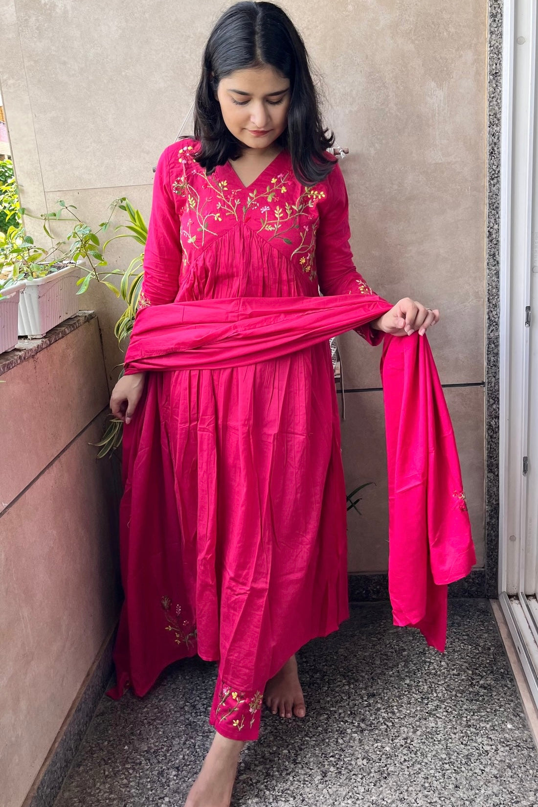 “Ziva” Beautiful Mul Cotton Embroidered Anarkali Kurta Set