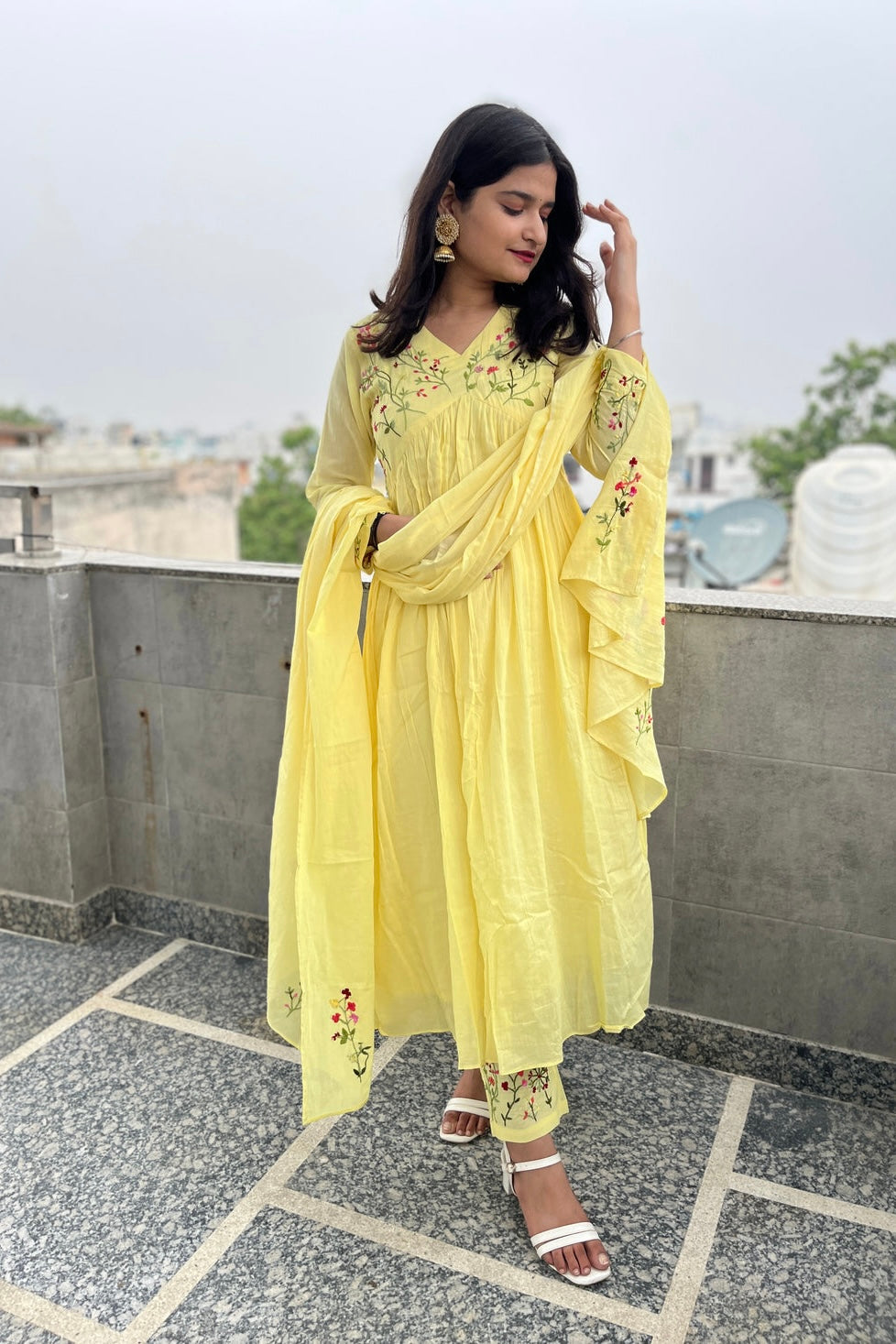 “Ziva” Beautiful Mul Cotton Embroidered Anarkali Kurta Set