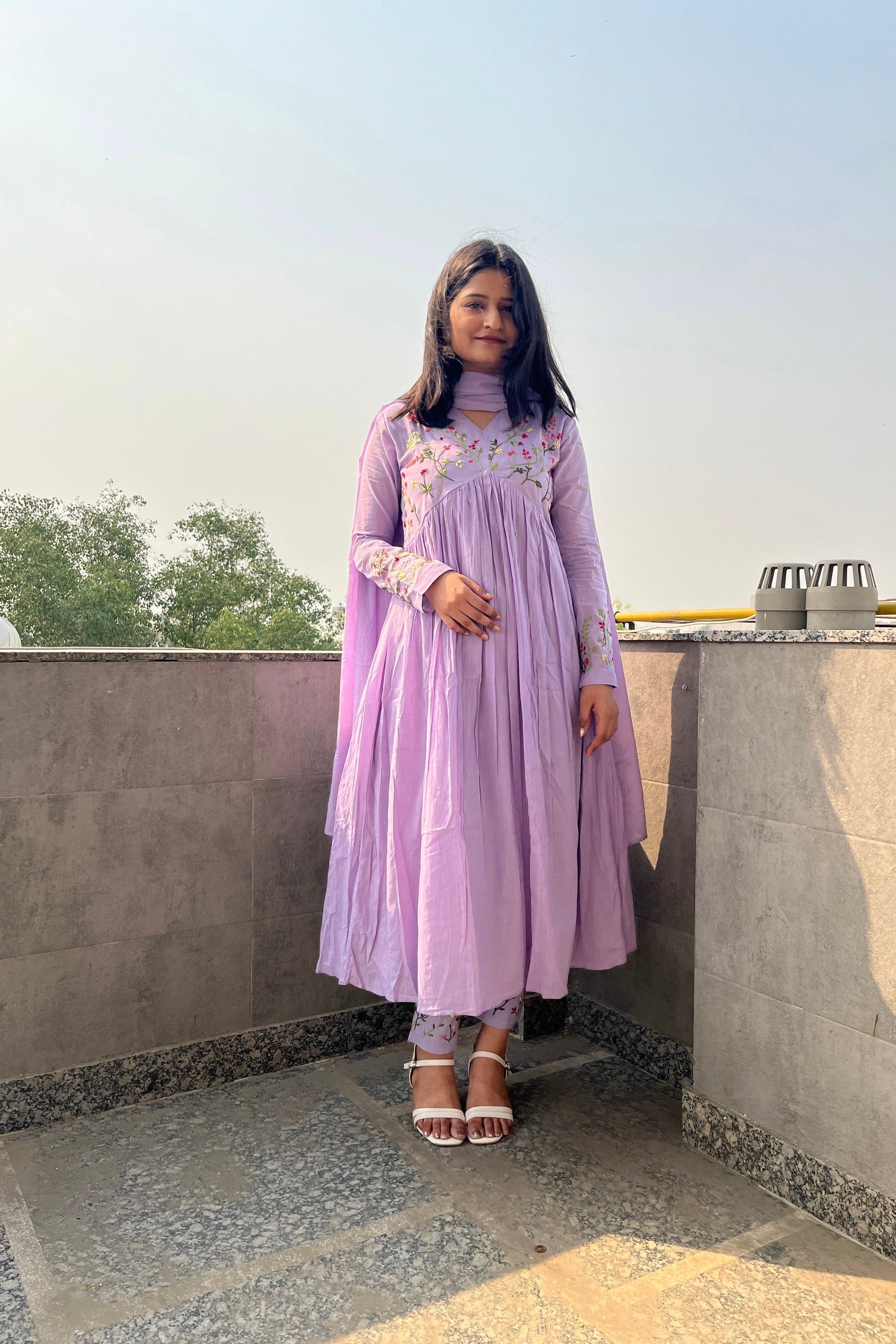 “Ziva” Beautiful Mul Cotton Embroidered Anarkali Kurta Set