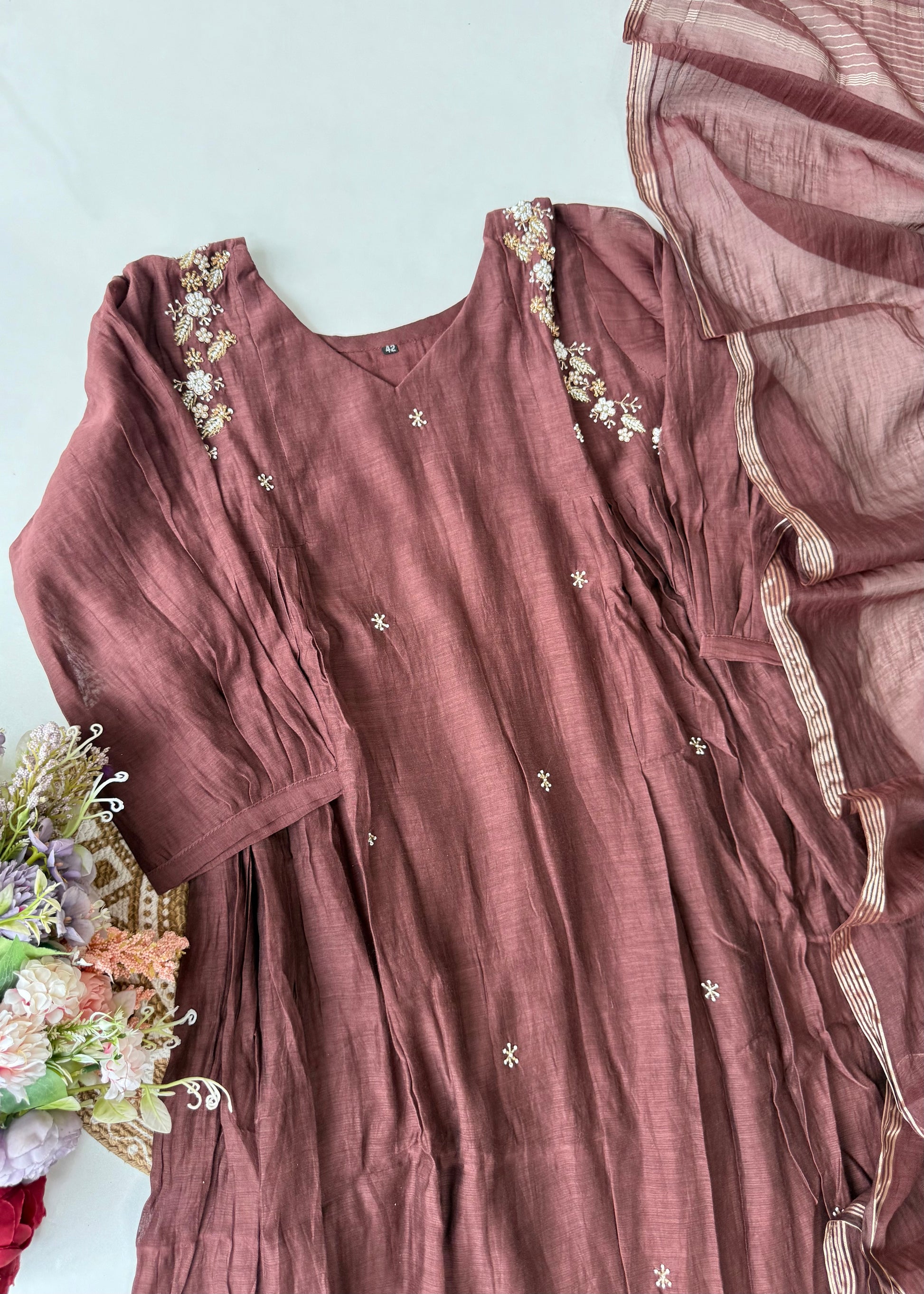 “Zayna” Premium Rich Brown Mul Chanderi anarkali kurta set