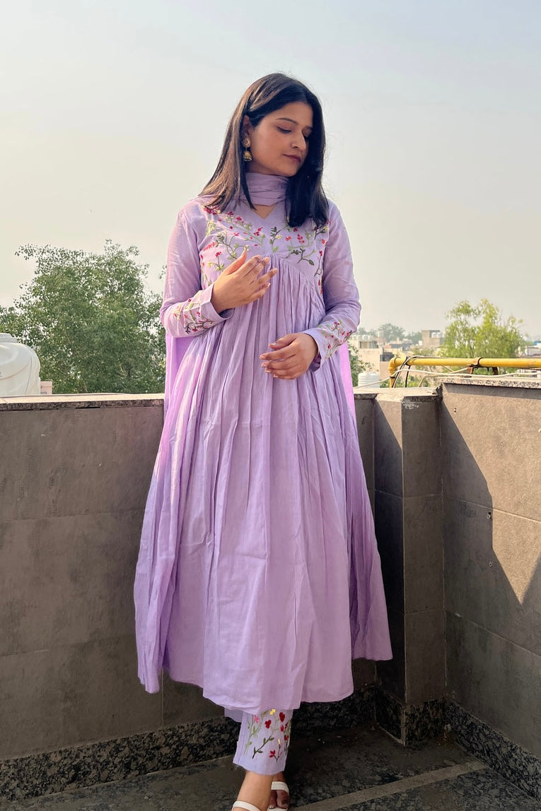 “Ziva” Beautiful Mul Cotton Embroidered Anarkali Kurta Set