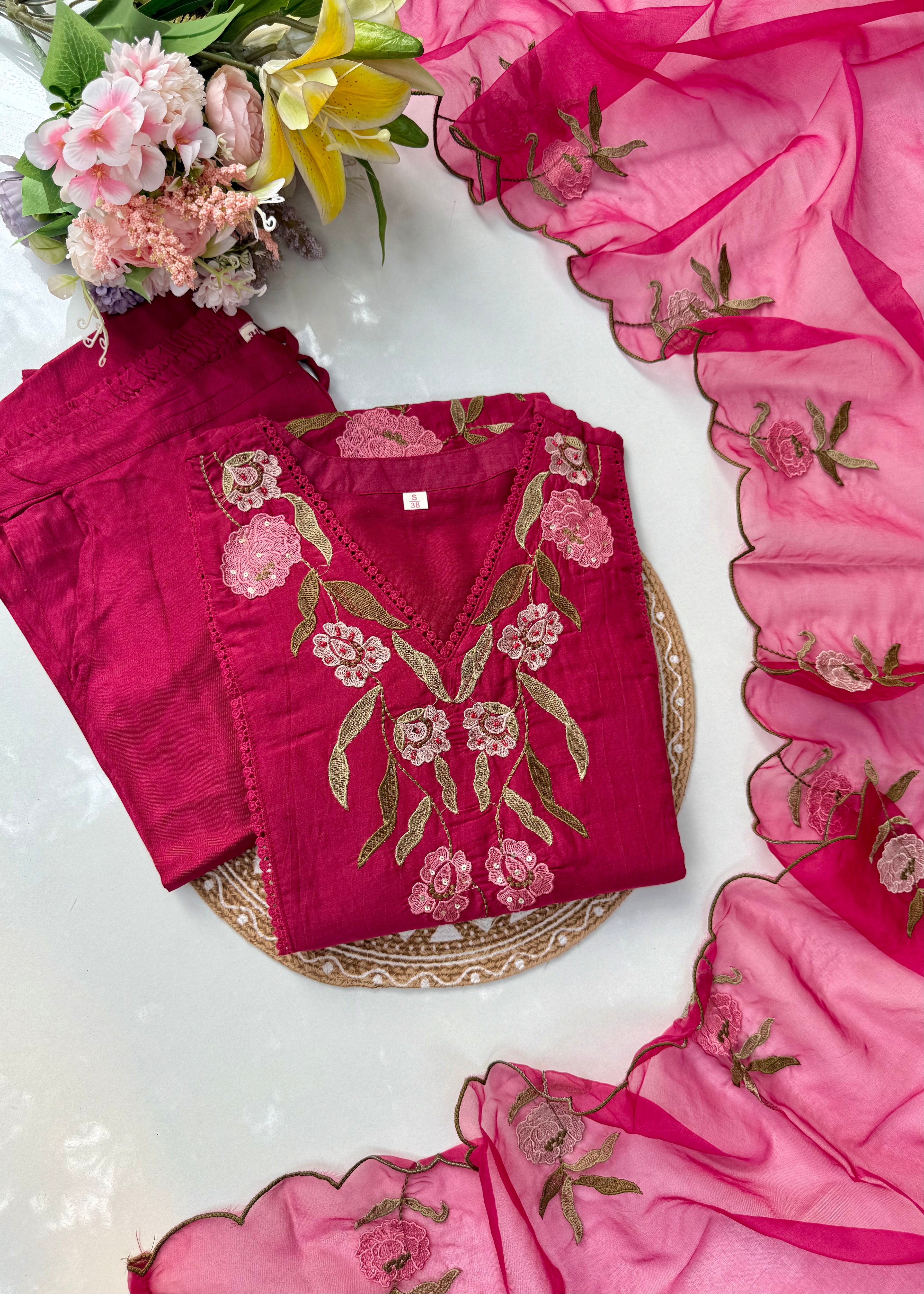 “ROSE” Premium embroidered Mul chanderi anarkali suit set