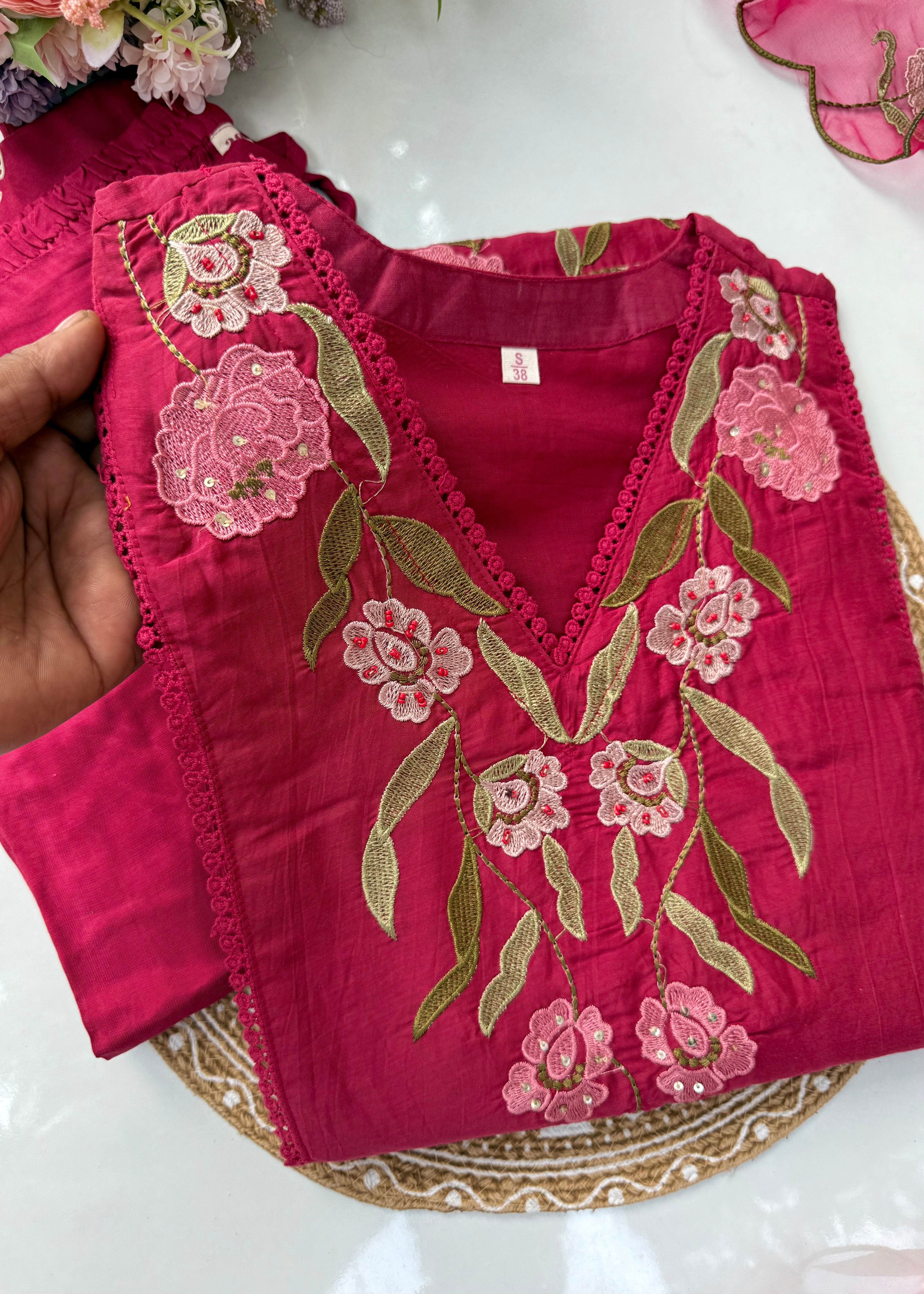 “ROSE” Premium embroidered Mul chanderi anarkali suit set